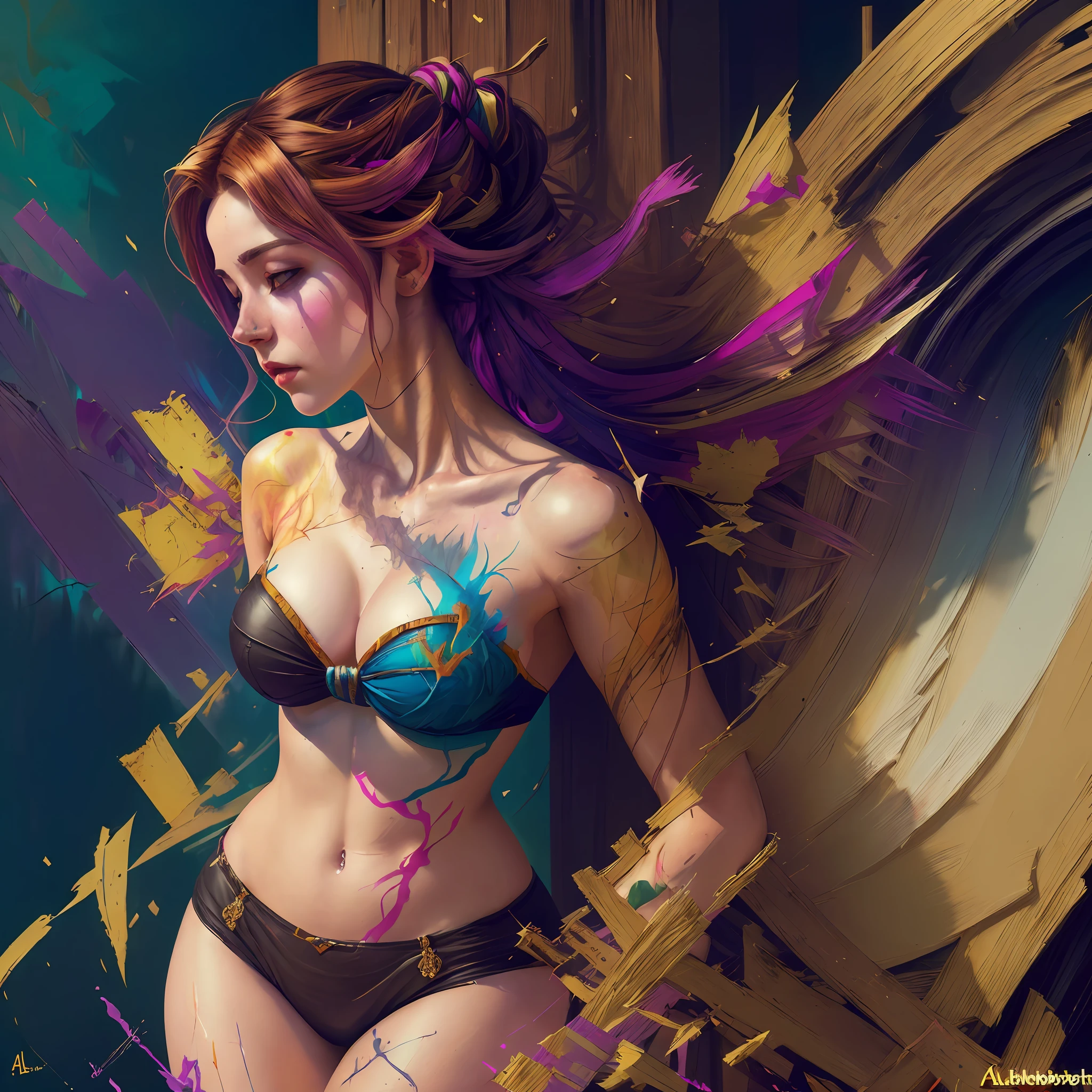 Full-length body shot, ((( ultra warm bright pastel colors))), orange-pink-white colors, sharp focus, LUT, ultra crazy intricate high-resolution textures, textural padding, there is a gorgeous Harley Queen standing in the sandy breeze in her hair, ((((((Charlie Bowother, art by Alena Aenami, art by Albert Bierstadt, art by Carne Griffiths))))), luminism, art of light placement, octane render, Ultra intricate detail, ultra maximalism, romanticism