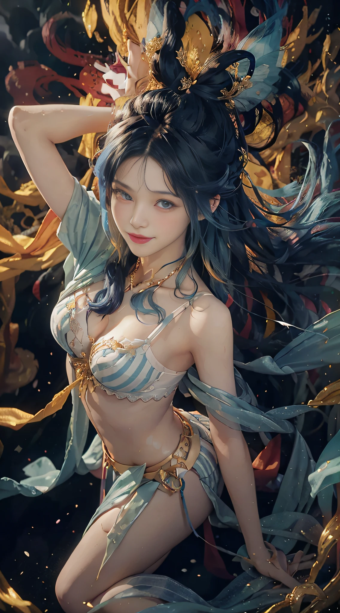 1 girl, hoodie, blue hair, extra long hair, off-the-shoulders, feather hair ornament, headphones around the neck, city, night, outdoors, (from above), (transparent lingerie), (dynamic pose), (((masterpiece)), ((best quality))), ((super detailed)), (illustration), (dynamic angle), ((floating)), (paint), ((loose hair)), (solo), (1girl), (detailed anima face))), (( Beautiful detailed face)),((colored hair)),((striped hair)),,(gradient eyes),(colored eyes)))),(white cloud background)))),(high saturation))),((surrounded by colorful splashes)))), ultra-detailed, beautiful and aesthetic, masterpiece, best quality, most beautiful forms chaotic, elegant, fauvist design, bright colors, romanticism, michal mraz, adrian gainy, petra cottwright, atmospheric, Ecstatic notes, flow notes visible, ((solo)), ((looking_at_viewer)), cg society, plasticien, ((black long hair), (beautiful woman), (Smile), sexy lingerie, lingerie, mermaid