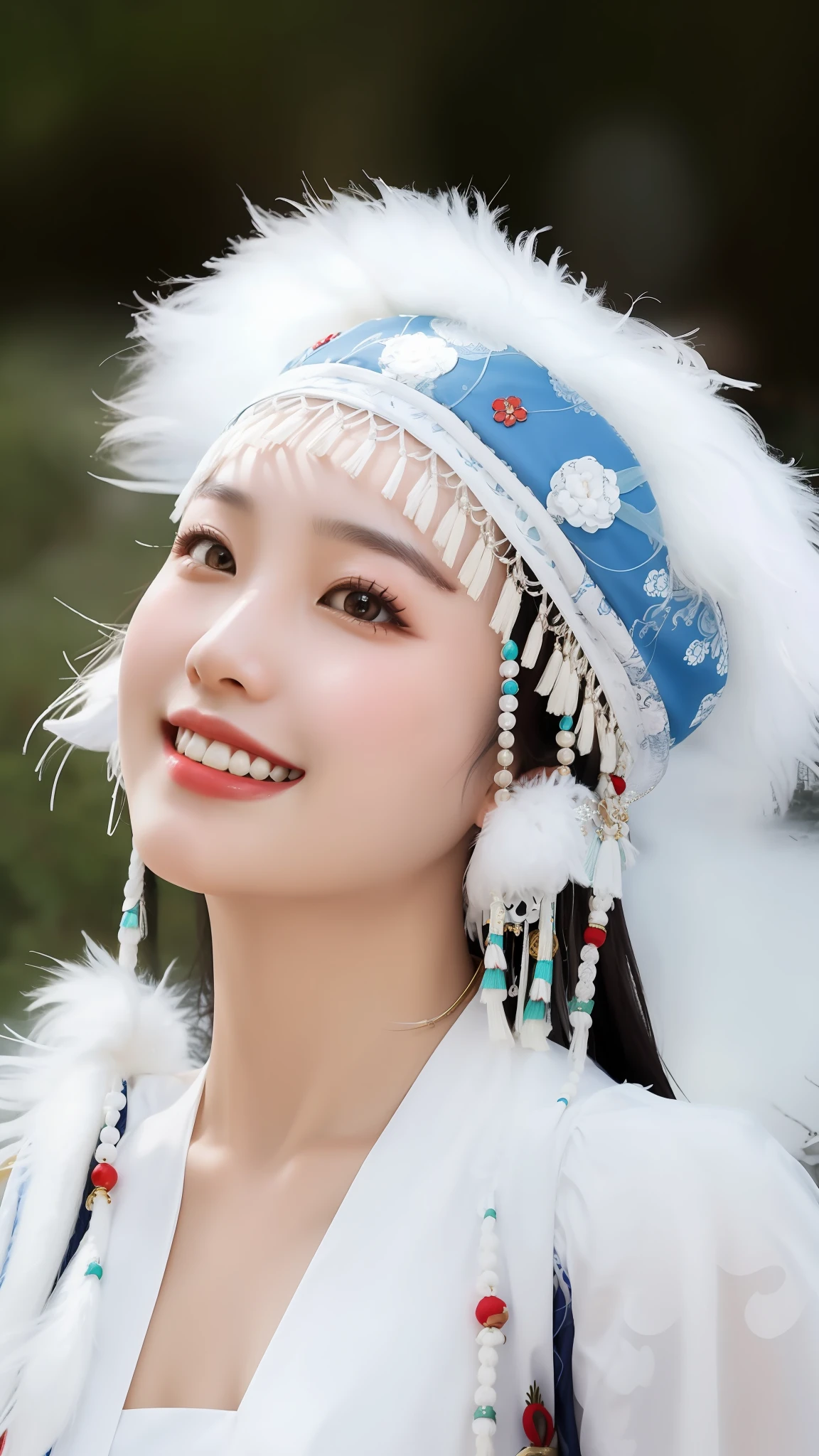 a close up of a woman wearing a white and blue headdress, beautiful south korean woman, traditional chinese, traditional beauty, chinese woman, a young woman as genghis khan, chinese girl, beautiful himalayan woman, beautiful and smiling, korean woman, beautiful young wind spirit, beautiful oriental woman, beautiful smiling face, lovely smile, beautiful young korean woman