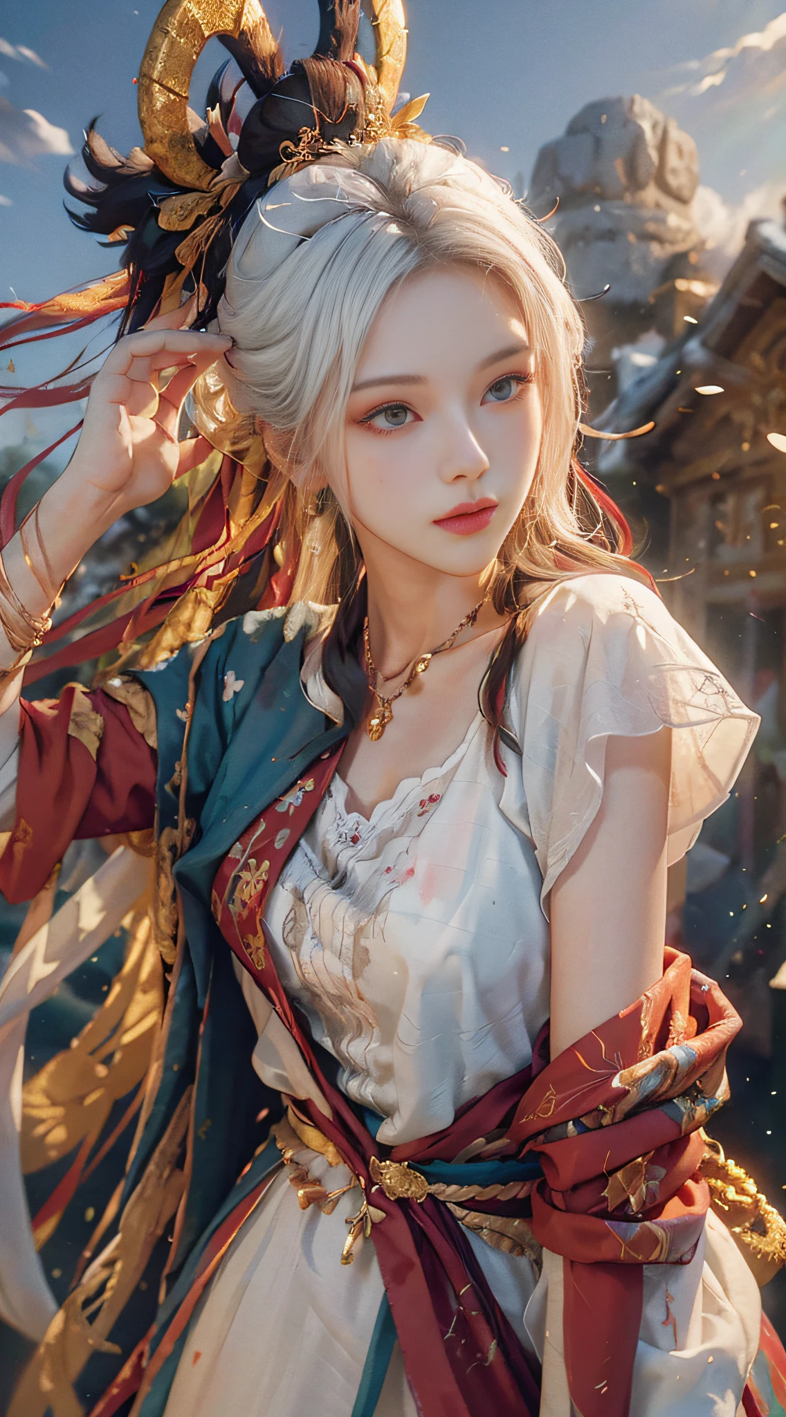 (from above), (dynamic pose), (((white cloud background))), (((high saturation))), ((surrounded by color splashes))) (RAW photo, best quality), (realistic, photo fidelity: 1.3), best quality, highly detailed, masterpiece, hyperdetail, illustration, (1girl: 1.3), (8k, original photo, best quality, masterplece), (photon mapping, radiometry, physically based rendering, auto white balance), ultra-detailed, Beautiful and aesthetic, beautiful, masterpiece, best quality, close-up of a woman with white hair and white mask, beautiful figure painting, Guvitz, Guvitz style artwork, white-haired god, Yang J, epic exquisite character art, stunning character art, Fan Qi, Wu Zhun Shifan, Gu Vitz in pixiv art station, many colors, upper body,