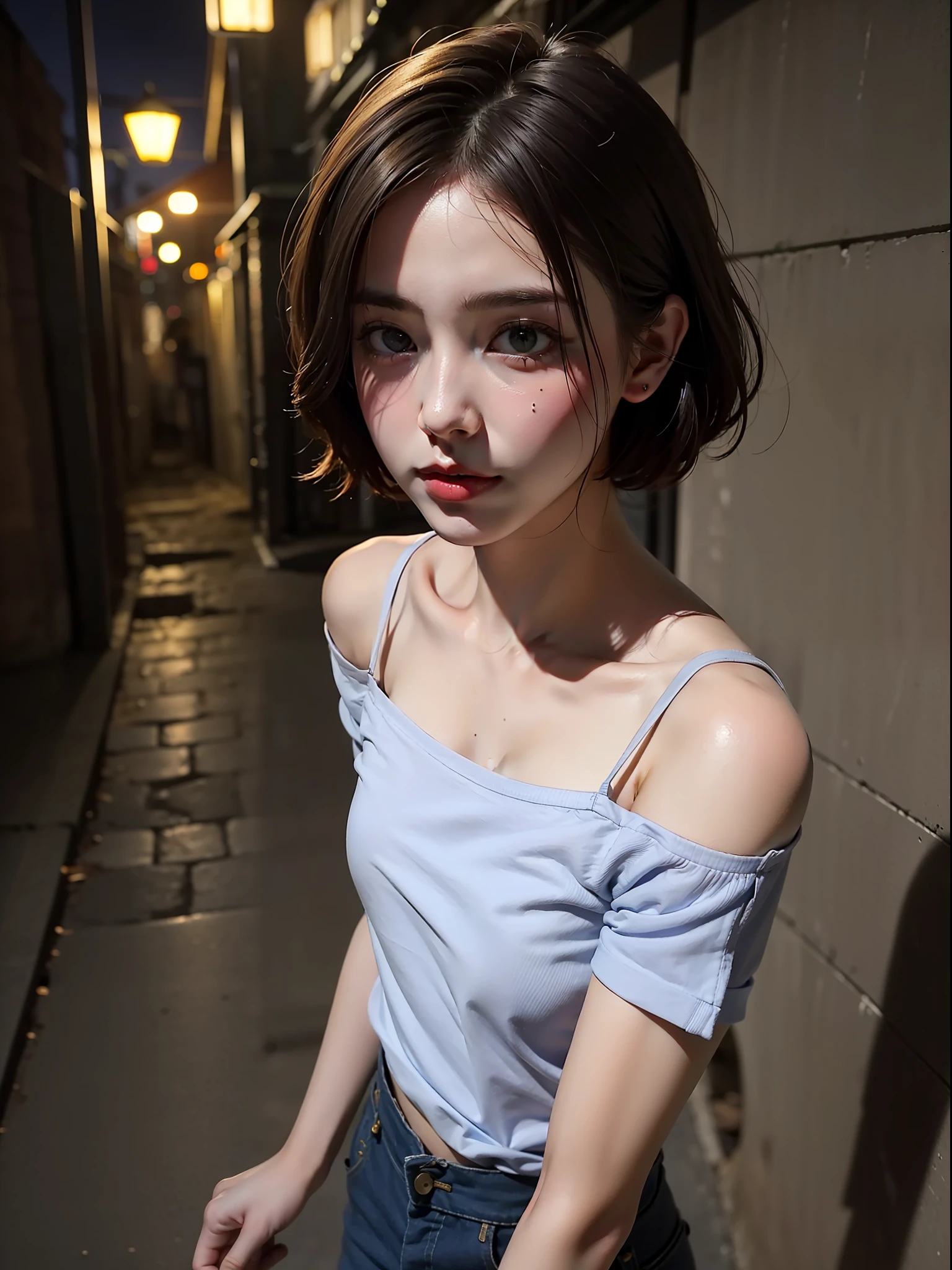 Best quality, masterpiece, ultra high res, (photorealistic:1.4), raw photo, 1girl, offshoulder, in the dark, deep shadow, low key, night alleyway, short hair, roadside,walking, 20 years old,cute face, small bust, tight shirt