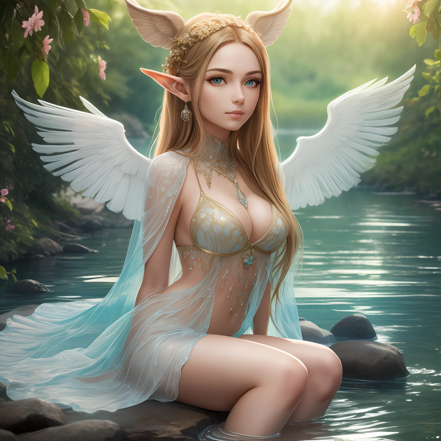Portrait of a bust, elf, (best quality, 8K, masterpiece: 1.3), petite body, (beautiful and detailed eyes), (super detail), (desktop wallpaper), beautiful face, (detailed face), clear facial features, human ears, ray luminescence, optical, panoramic illumination, atmospheric perspective, dawn, anti-aliasing: 5D, light painting, color, perfect body beauty: 1.4 huge wings, symmetrical transparent wings, stunning details, (dynamic pose), sitting by the lake, washing feet, gentle sunshine, Elk drinking water on the side