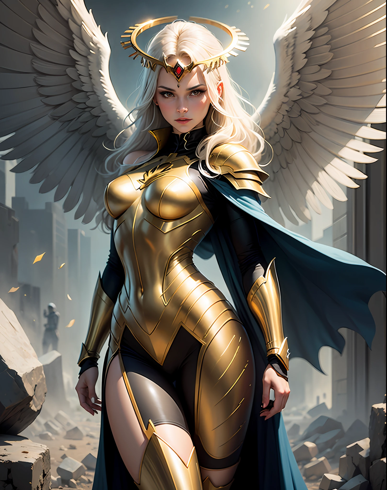 a woman in a superhero costume posing for a picture, angelic golden armor, in style of anne stokes, brom redshift, marvel comic book characters, four wings, in style of mark arian, the motherland calls, sleek metal head, by François Quesnel, wearing a golden halo --auto