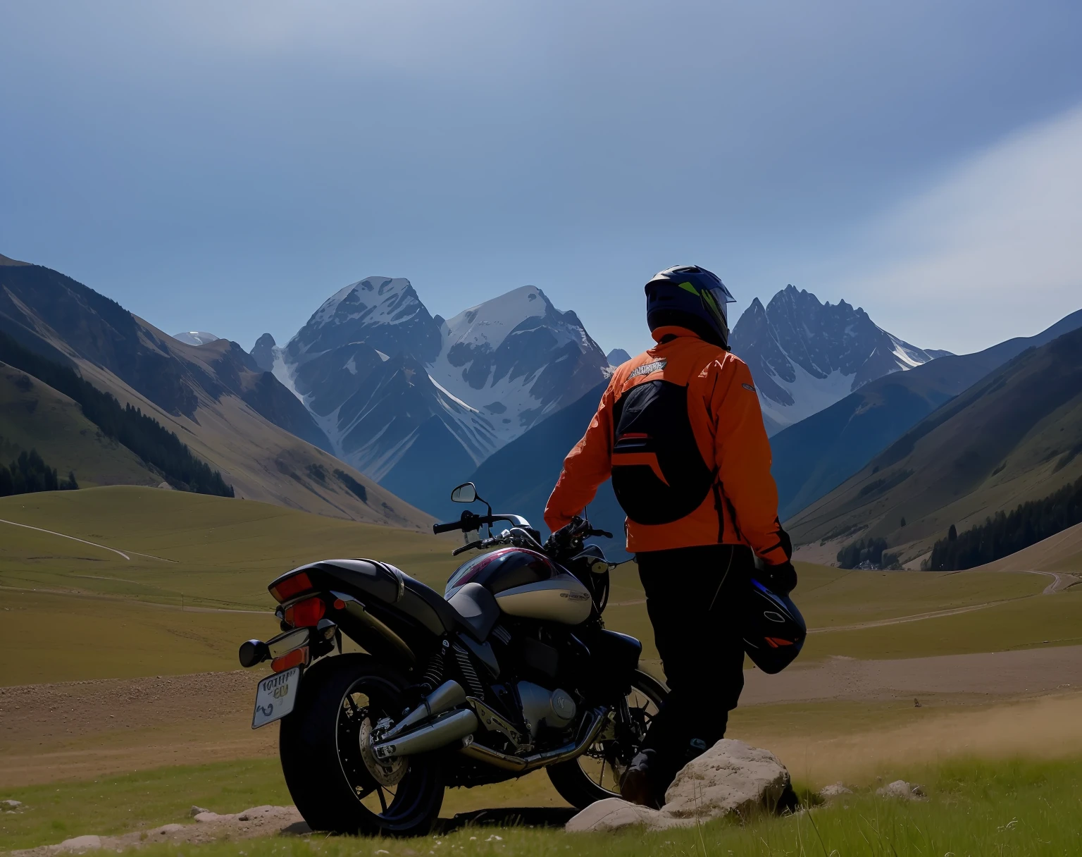 there is a man standing next to a motorcycle in a field, epic mountains in the background, looking at the mountains, with mountains in the background, with mountains in background, mountains in the background, cinematic silk road lanscape, with mountains in the distance, moutain in background, with mountains as background, motorbiker, mountain in the background, lonely rider