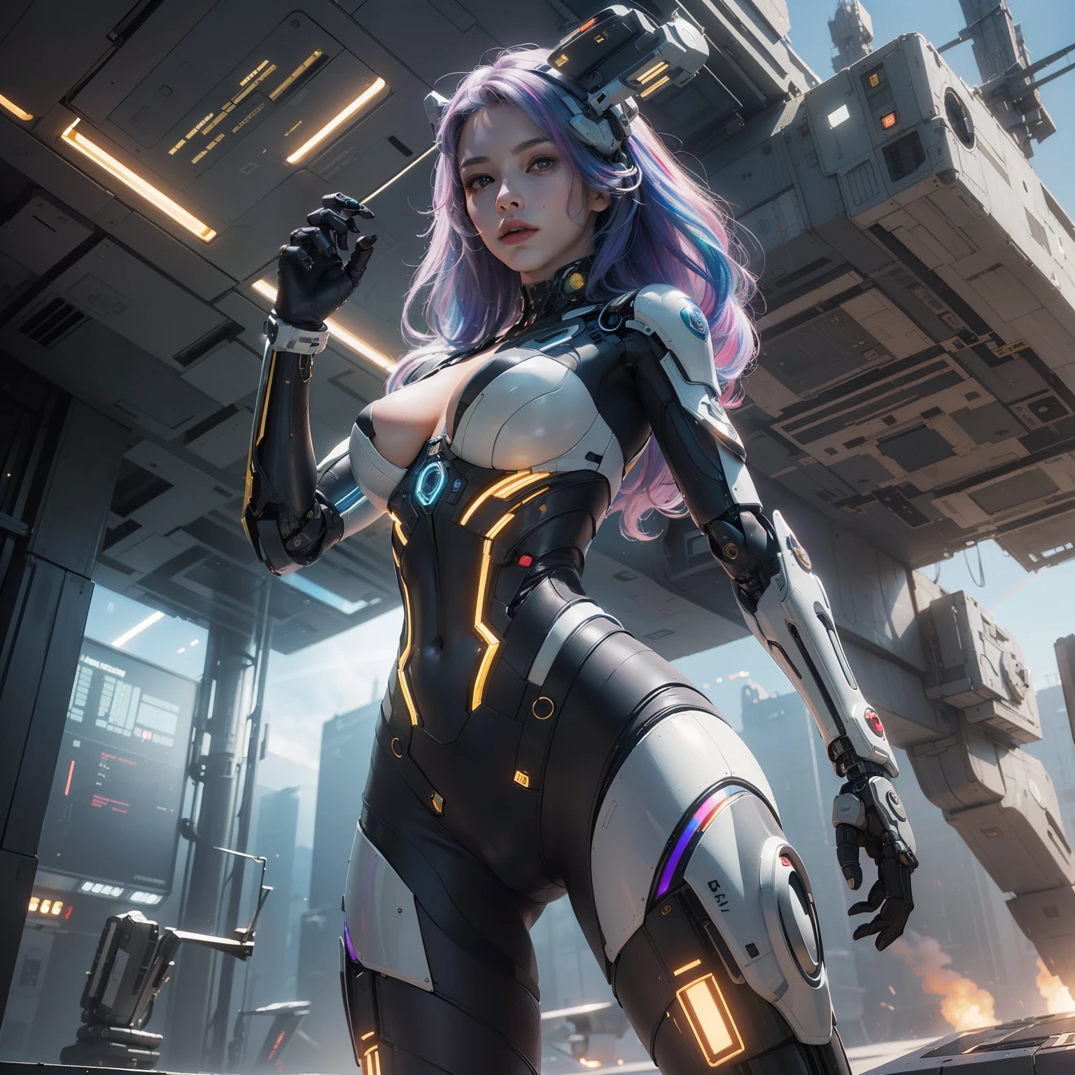 (8k, RAW photo, best quality, masterpiece:1.2), (realistic, photo-realistic:1.37), ((1girl:1.6)), professional lighting, physically-based rendering, full body, dynamic pose, 
(a beautiful cybernetic woman, synthetic body, higly complex robotic body) 
(spaceship, futuristic ship:1.3), (rainbow hair:1.3) 
large breasts, erect