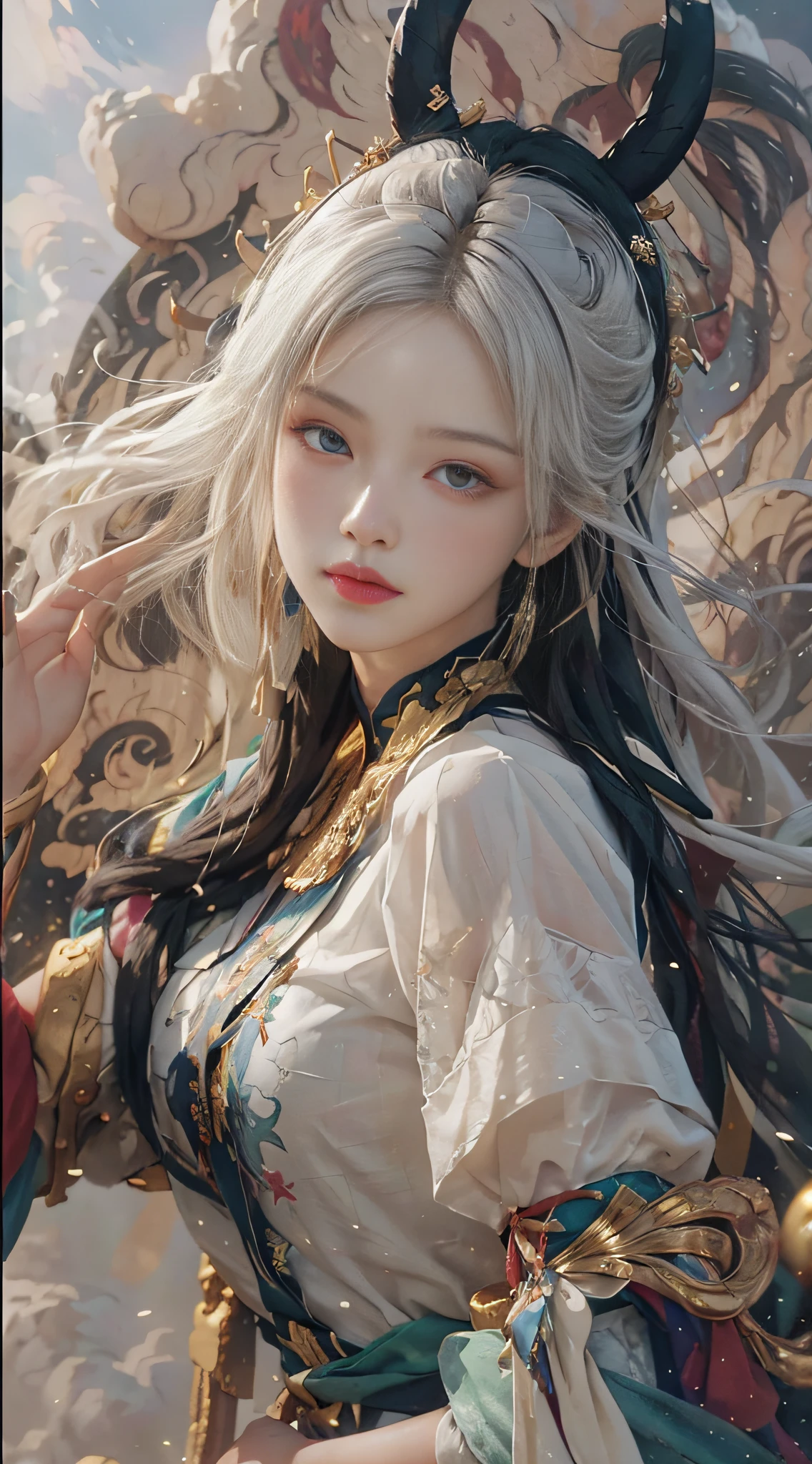 (from above), (dynamic pose), (((white cloud background))), (((high saturation))), ((surrounded by color splashes))) (RAW photo, best quality), (realistic, photo fidelity: 1.3), best quality, highly detailed, masterpiece, hyperdetail, illustration, (1girl: 1.3), (8k, original photo, best quality, masterplece), (photon mapping, radiometry, physically based rendering, auto white balance), ultra-detailed, Beautiful and aesthetic, beautiful, masterpiece, best quality, close-up of a woman with white hair and white mask, beautiful figure painting, Guvitz, Guvitz style artwork, white-haired god, Yang J, epic exquisite character art, stunning character art, Fan Qi, Wu Zhun Shifan, Gu Vitz in pixiv art station, many colors, upper body,