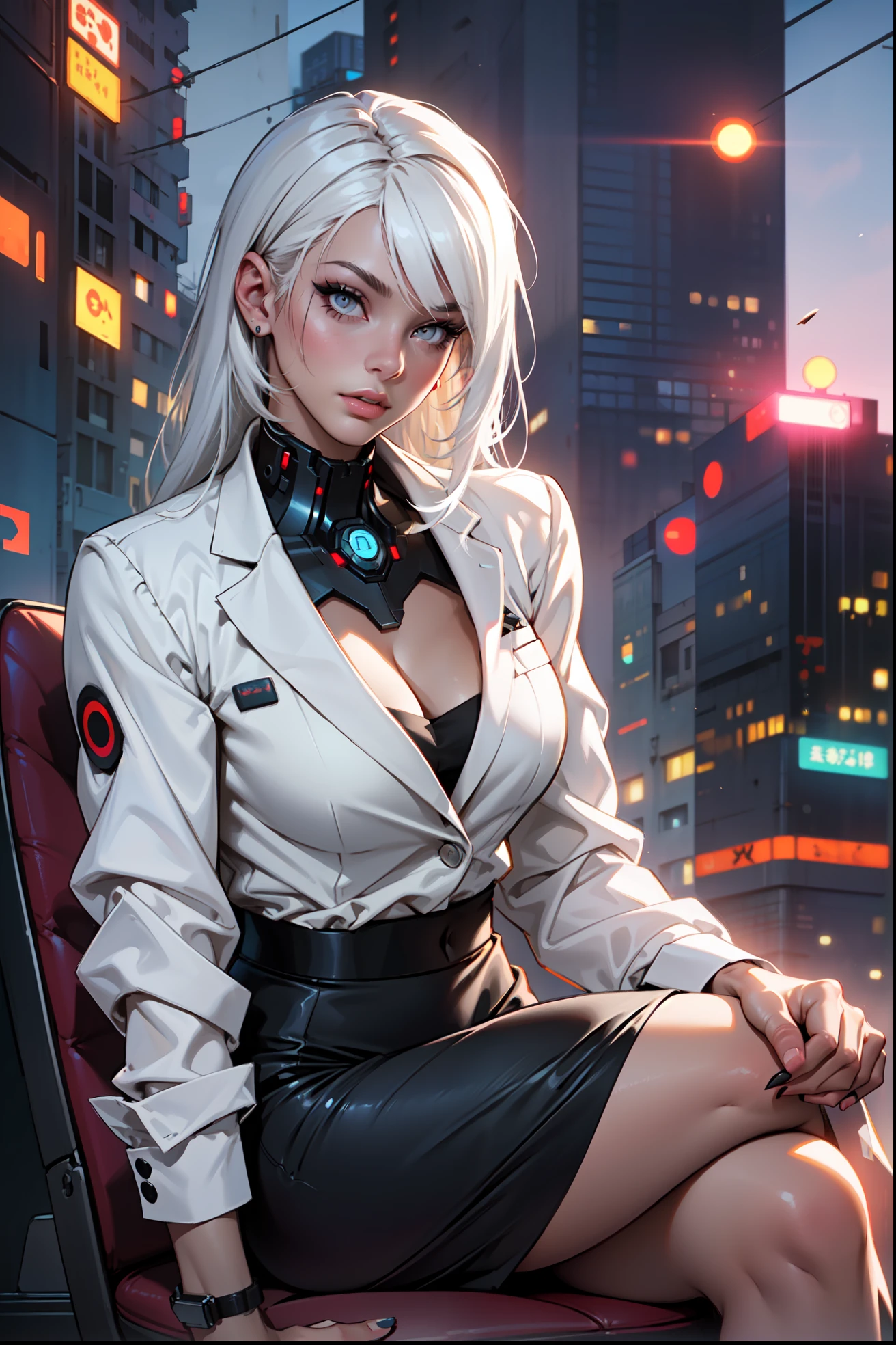 (masterpiece:1.3), (8k, photorealistic, RAW photo, best quality: 1.4), (1girl), beautiful face, (realistic face), Nice hairstyle,Realistic Eyes,Nice detail eyes,(Realistic Skin),Beautiful Skin,Ridiculous,attractive,Ultra high Resolution,an ultra realistic,RAWExtremely detailed,golden proportions, Woman wearing business outfit, white formal blazer, white blouse, high waist business skirt, beautiful, masterpiece, best quality, perfect lighting, (white hair:1.4), long hair, (grey eyes:1.2), slender build, thin, medium breasts, business woman, ceo, sitting in luxurious black office chair, giant modern window with view of dusk cyberpunk city skyline in background, torso shot, dusk, (cyberpunk city background:1.3), (Hazy sky:1.2), (Dim red sun:1.3), eyelashes, dark eyeliner, cyberpunk, older, sleek modern-futuristic office