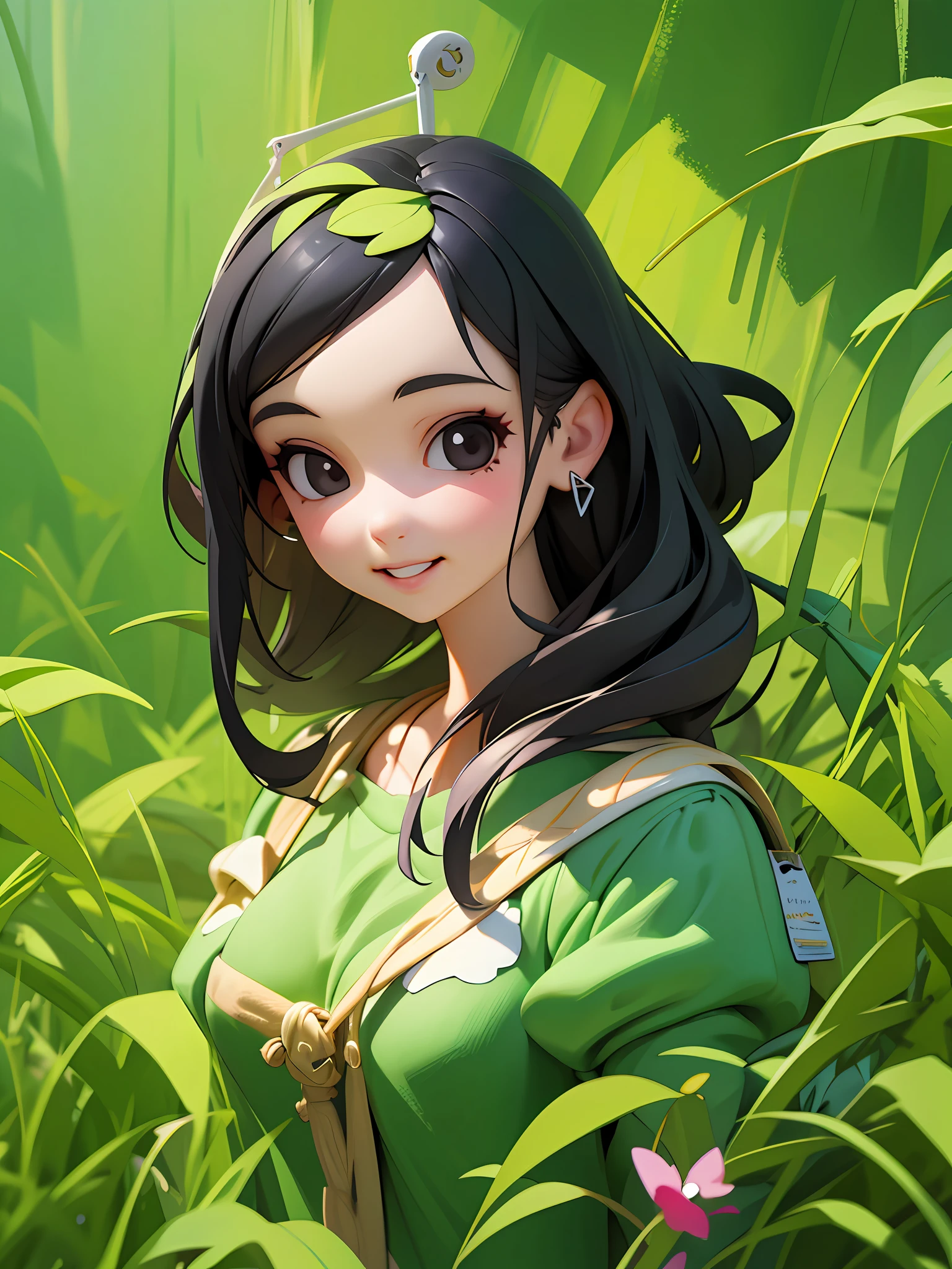 woman with black eyes and a smile,standing, stepping on a green lawn, intensely black hair, hyper detailed hair, with orthodontic braces on her teeth,beautiful detailed digital art, digital cartoon painting, cute portrait, realistic cute girl painting, girl portrait, realistic art style, realistic art style, 4k realistic digital art,  4k realistic digital art, stunning art style, digital painting style, photorealistic art style, beautiful digital art, cartoon art style, long hair, side bangs,extremely important to be full body, standing, looking at viewers, 🤤 striking black eyes