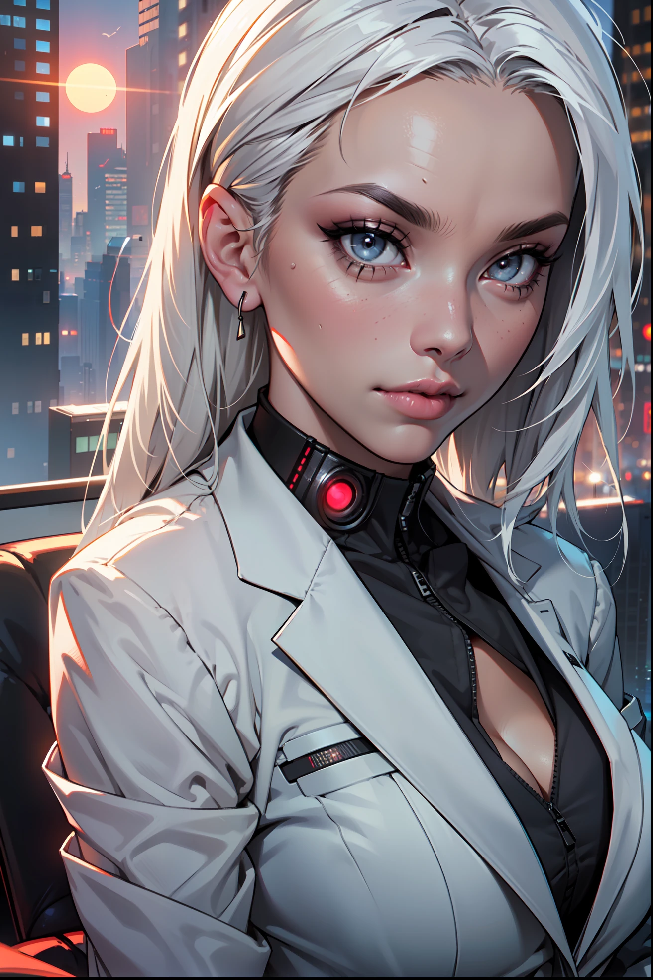 (masterpiece:1.3), (8k, photorealistic, RAW photo, best quality: 1.4), (1girl), beautiful face, (realistic face), Nice hairstyle,Realistic Eyes,Nice detail eyes,(Realistic Skin),Beautiful Skin,Ridiculous,attractive,Ultra high Resolution,an ultra realistic,RAWExtremely detailed,golden proportions, Woman wearing business outfit, white formal blazer, white blouse, white high waist business skirt, beautiful, masterpiece, best quality, perfect lighting, (white hair:1.4), long hair, (grey eyes:1.2), slender build, thin, medium breasts, business woman, ceo, sitting in luxurious black office chair, giant modern window with view of dusk cyberpunk city skyline in background, torso shot, dusk, (cyberpunk city background:1.3), (Hazy sky:1.2), (Dim red sun:1.3), eyelashes, dark eyeliner, cyberpunk, older, sleek modern-futuristic office