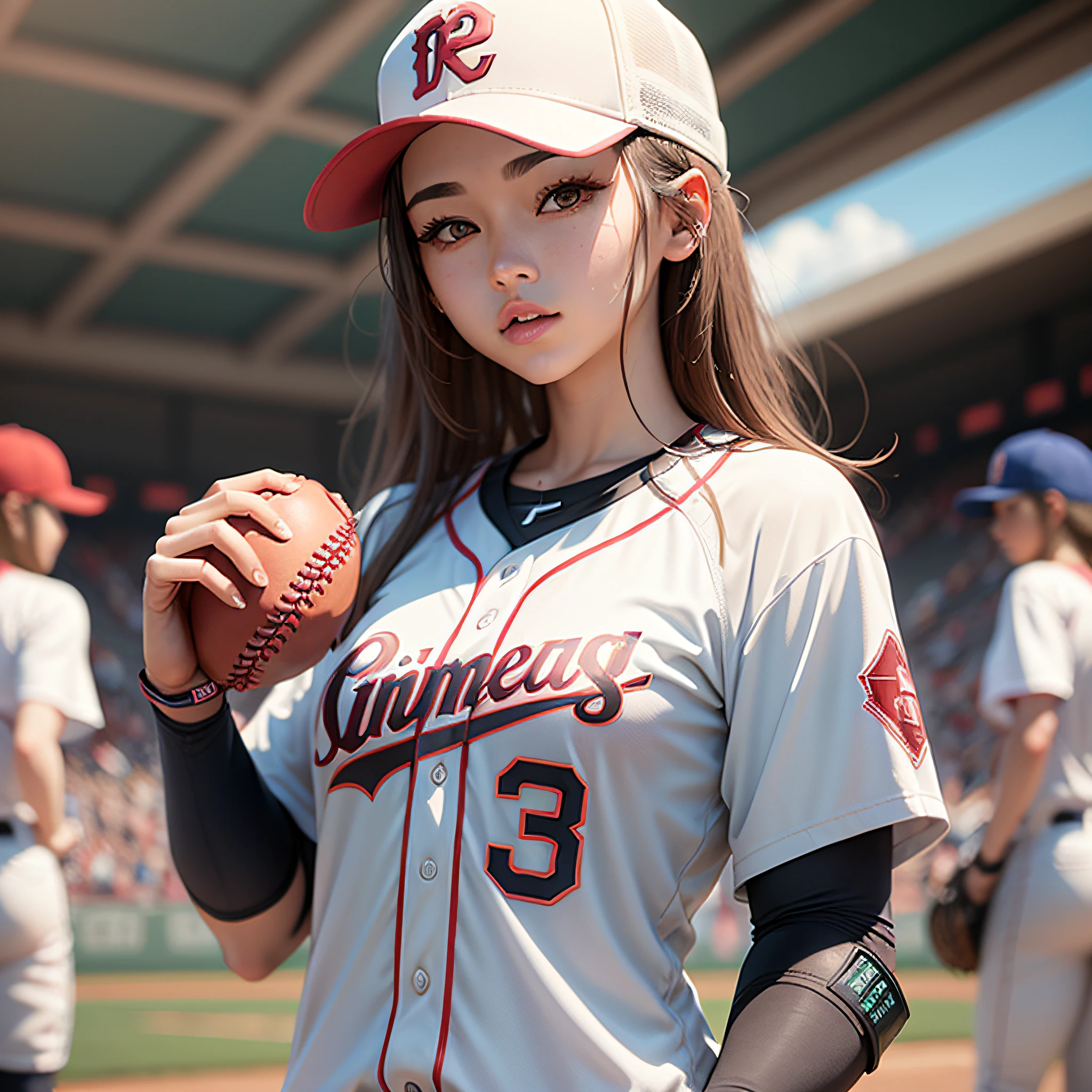 (Baseball field: 1), Morning, (Baseball uniform:1), Long blue and white fringed hair, light blue eyes, 1 girl, 20 years old, Innocent, (Realistic), (Intricate Detail: 1.2), (Masterpiece: 1.3), (Best Quality: 1.4), (Ultra High Resolution: 1.2), Ultra High Resolution, (Detailed Eyes), (Detailed Facial Features), HDR, 8k Resolution, (Lens Flare: 0.7), Long Legs, Baseball Pose