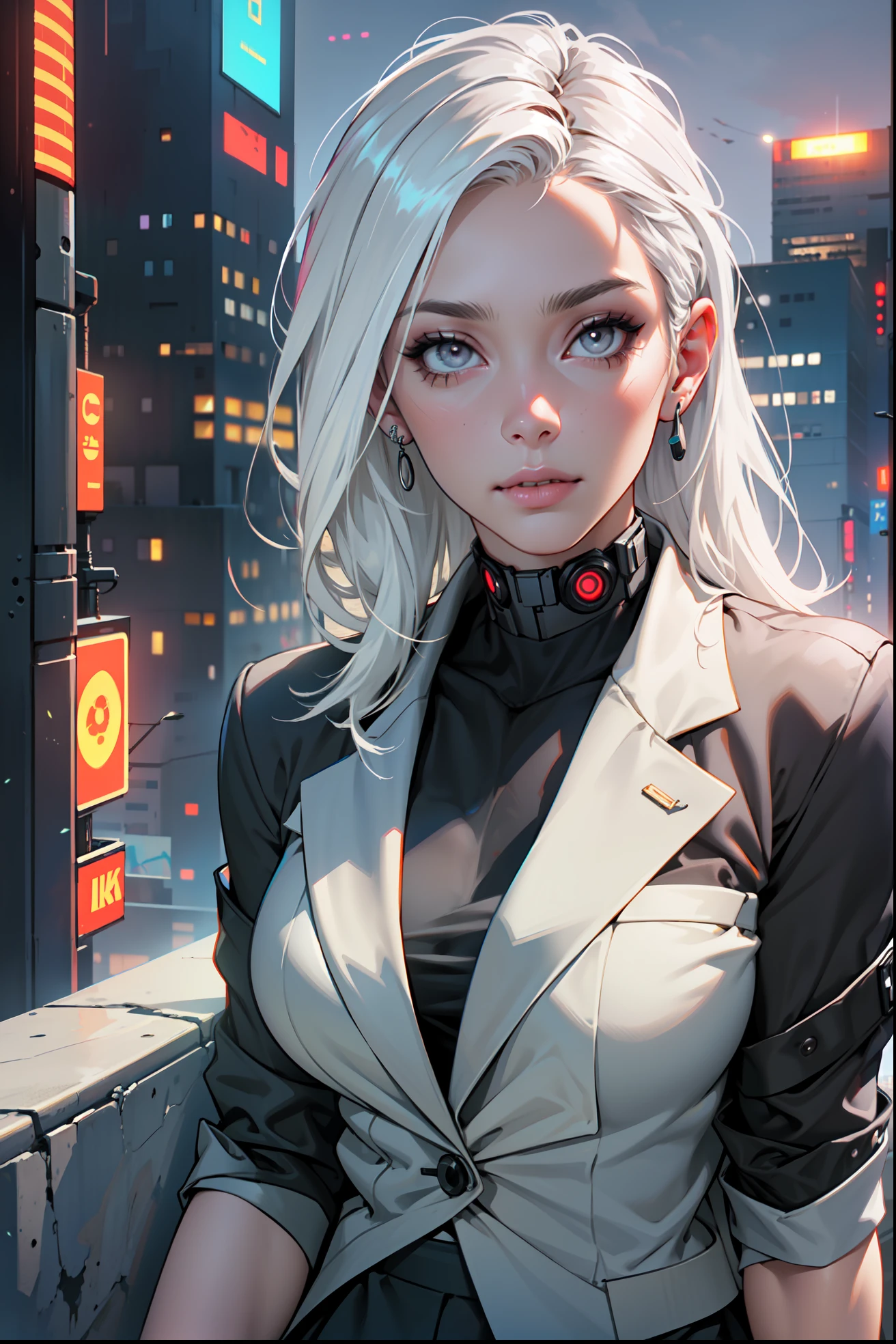 (masterpiece:1.3), (8k, photorealistic, RAW photo, best quality: 1.4), (1girl), beautiful face, (realistic face), Nice hairstyle,Realistic Eyes,Nice detail eyes,(Realistic Skin),Beautiful Skin,Ridiculous,attractive,Ultra high Resolution,an ultra realistic,RAWExtremely detailed,golden proportions, Woman wearing business outfit, white formal blazer, white blouse, white high waist business skirt, beautiful, masterpiece, best quality, perfect lighting, (white hair:1.4), long hair, (grey eyes:1.2), slender build, thin, medium breasts, business woman, ceo, sitting in luxurious black office chair, giant modern window with view of dusk cyberpunk city skyline in background, torso shot, dusk, (cyberpunk city background:1.3), (Hazy sky:1.2), (Dim red sun:1.3), eyelashes, dark eyeliner, cyberpunk, older, sleek modern-futuristic office