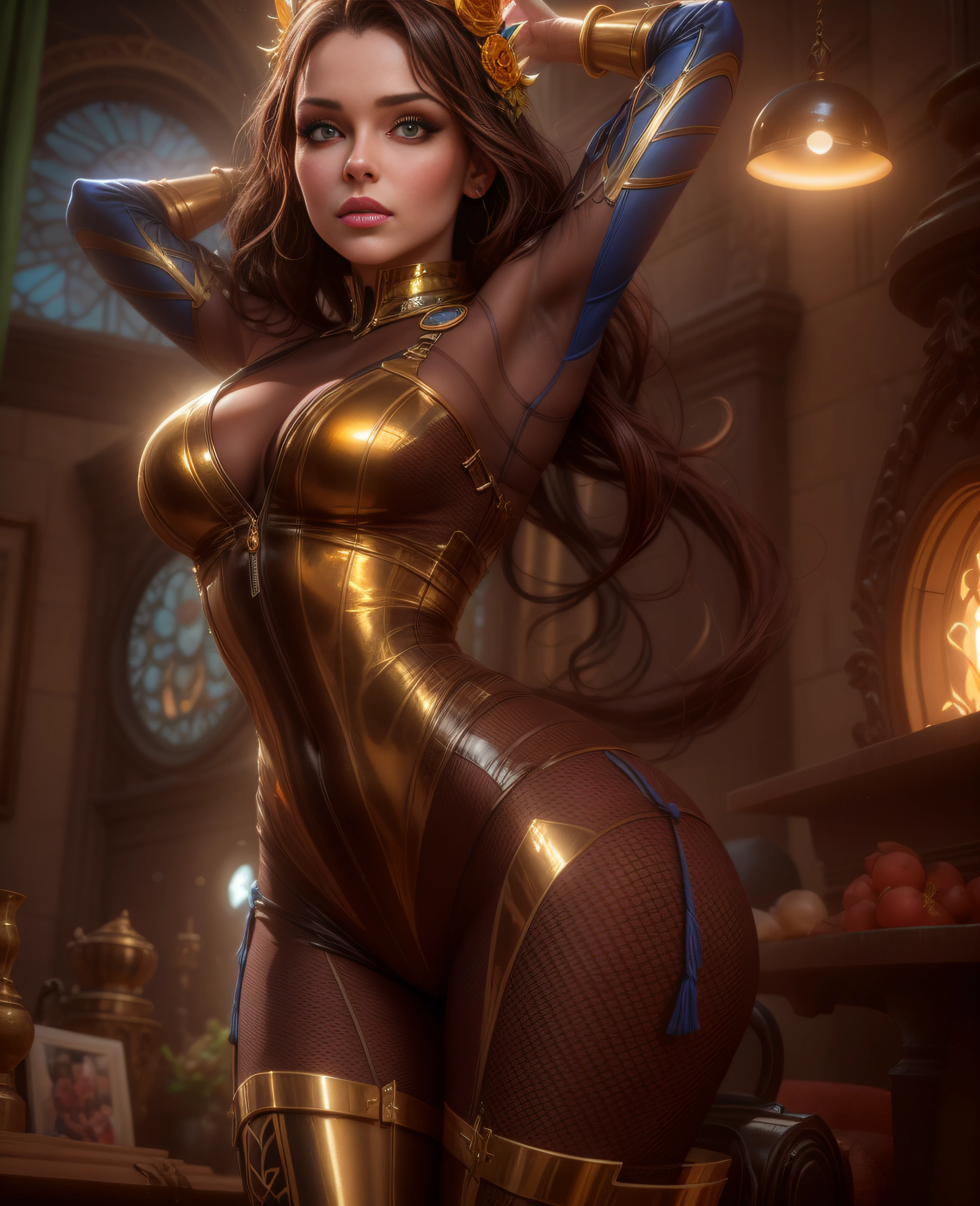 araffed woman in a blue and gold outfit posing in front of a circular window, artgerm julie bell beeple, wlop glossy skin, epic 3 d oshun, artstation masterpiece, wlop art, goddess. extremely high detail, alexandra fomina artstation, deviantart artstation cgscosiety, best of artstation