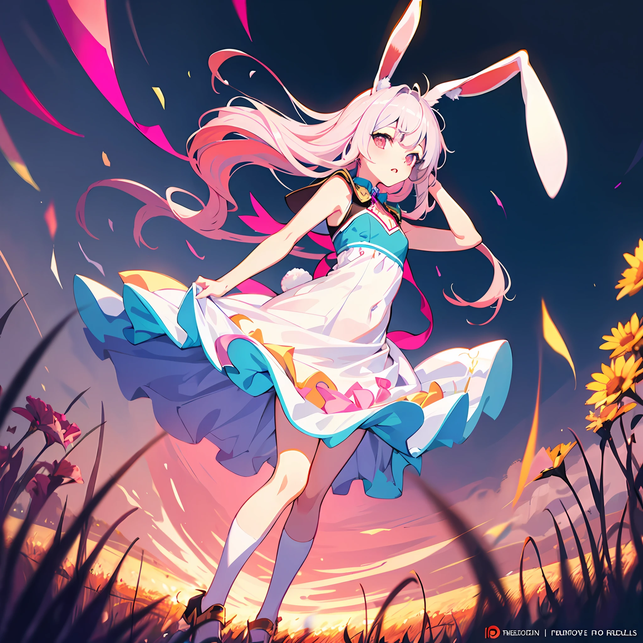 High Resolution: 1.7, Incredibly Ridiculous, Cute: 1, Cute: 1.5, Hires.fix: 1.5, Anime Visuals: 1, Incredibly Fine Illustrations, Crystal Clear White Skin, Sensual, Full Body, 1 Girl, , (((14 years old)), Fantasy Wo, Rabbit Ears, Silver Hair with Pink Hair, Cute Dress, Lift-Up Skirt, Release, Low Angle, Field, Death