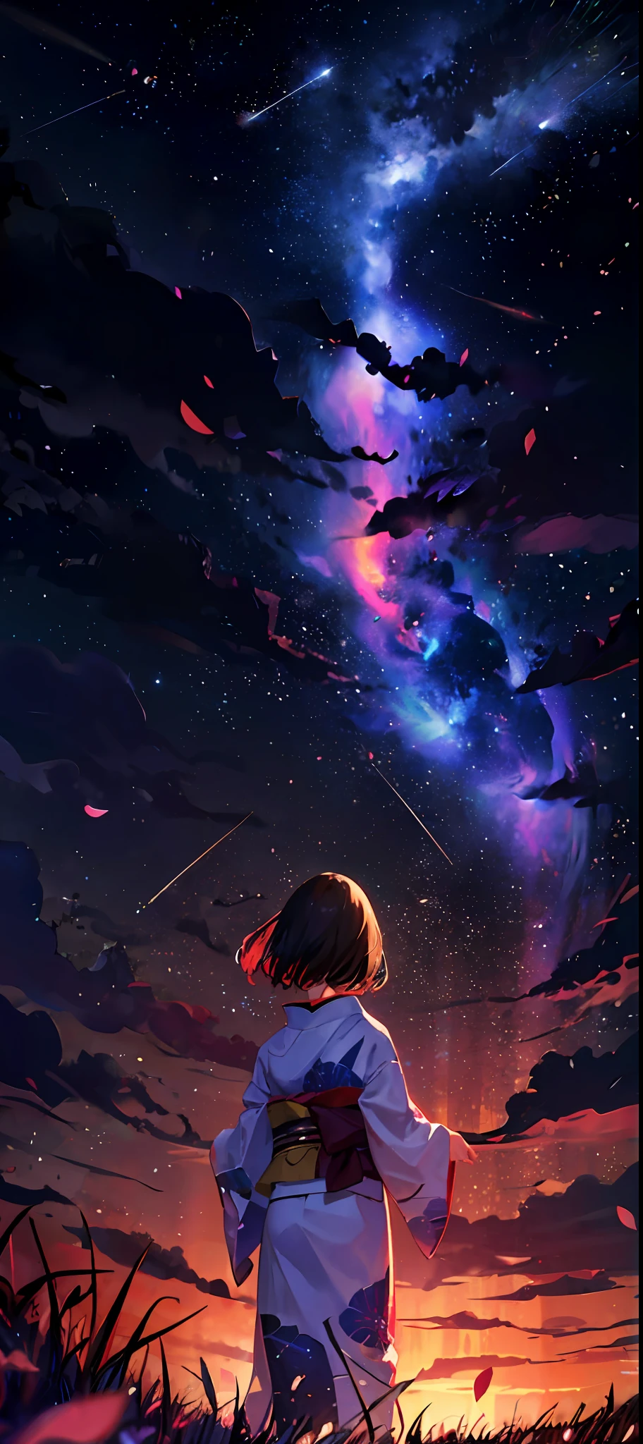 1girl, distant girl wearing a kimono staring at the stars, (zoomed out:1.1), (meteor shower:1.2), (comet:1.1), your name, low angle, from behind, aroura borealis, shooting star, yukata, red kimono, cherry blossoms, standing in a field,best quality, masterpiece,  cloud,colorful, starry,stars,