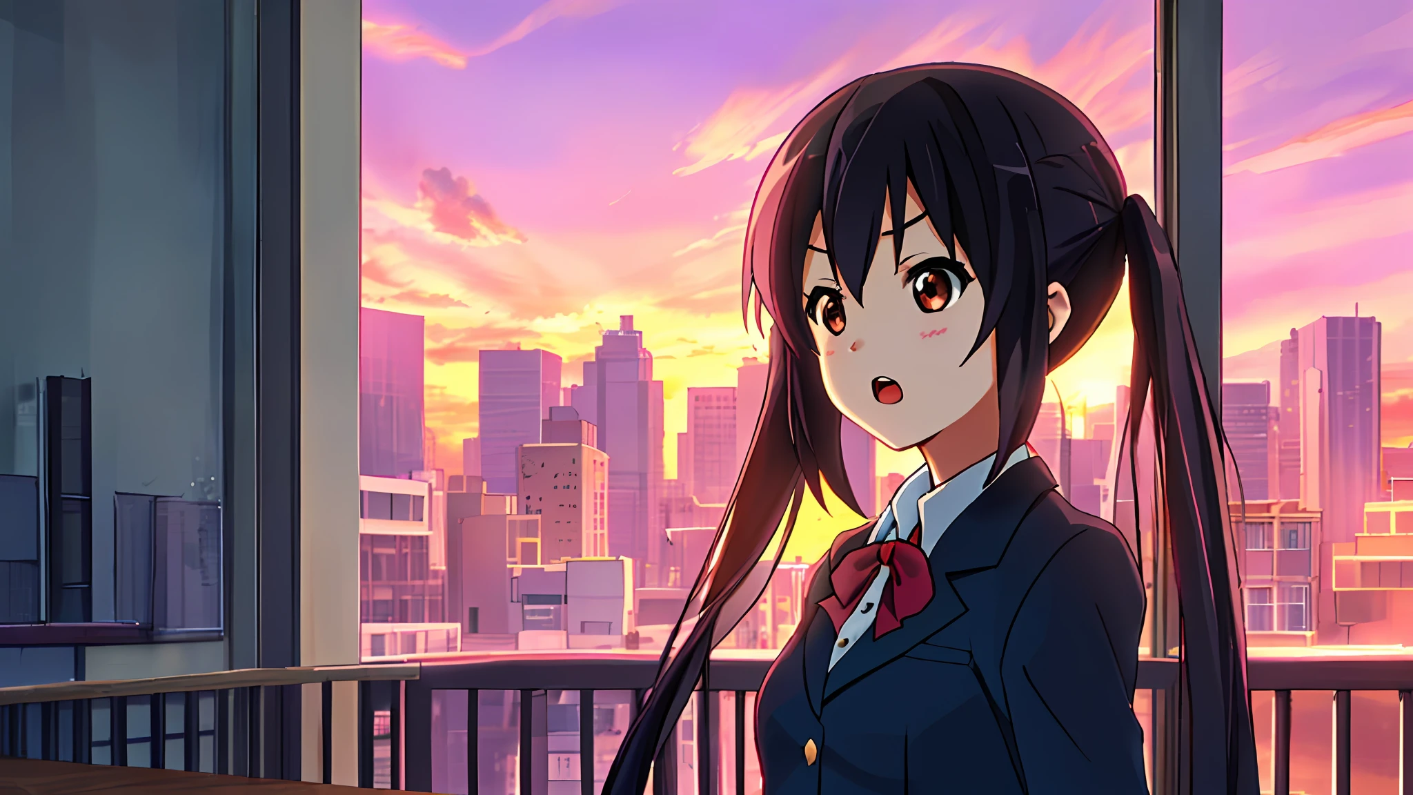 1girl, ((((Masterpiece))), Best Quality, Best Quality, High Detail, Azusa Nakano, 1girl, Sakuragaoka High School Uniform, Musical Instrument, School Uniform, Twin Tails, Long Hair, Black Hair, Brown Eyes, Solo, Red, Dark blue blazer with a thin ribbon of red, Solid white button shirt under blazer, Illustration, Cartoon, Soothing tones, Muted colors, Soft cinematic light, Adobe Lightroom, Photo Lab, HDR, complex and highly detailed, (((depth of field))))). (((Masterpiece))). (((highest quality))).) ((super detail))). (((Illustration))). (((Outside))). (((fighting stance))).,((((Giantization))).dynamic focus.small breasts. (((skyscrapers))). (((Cityscape))). (((Despair Face))). open mouth. (((Sunset))). (((Sunset))). (((clench fists))). (((Proud))). (((small breasts))).