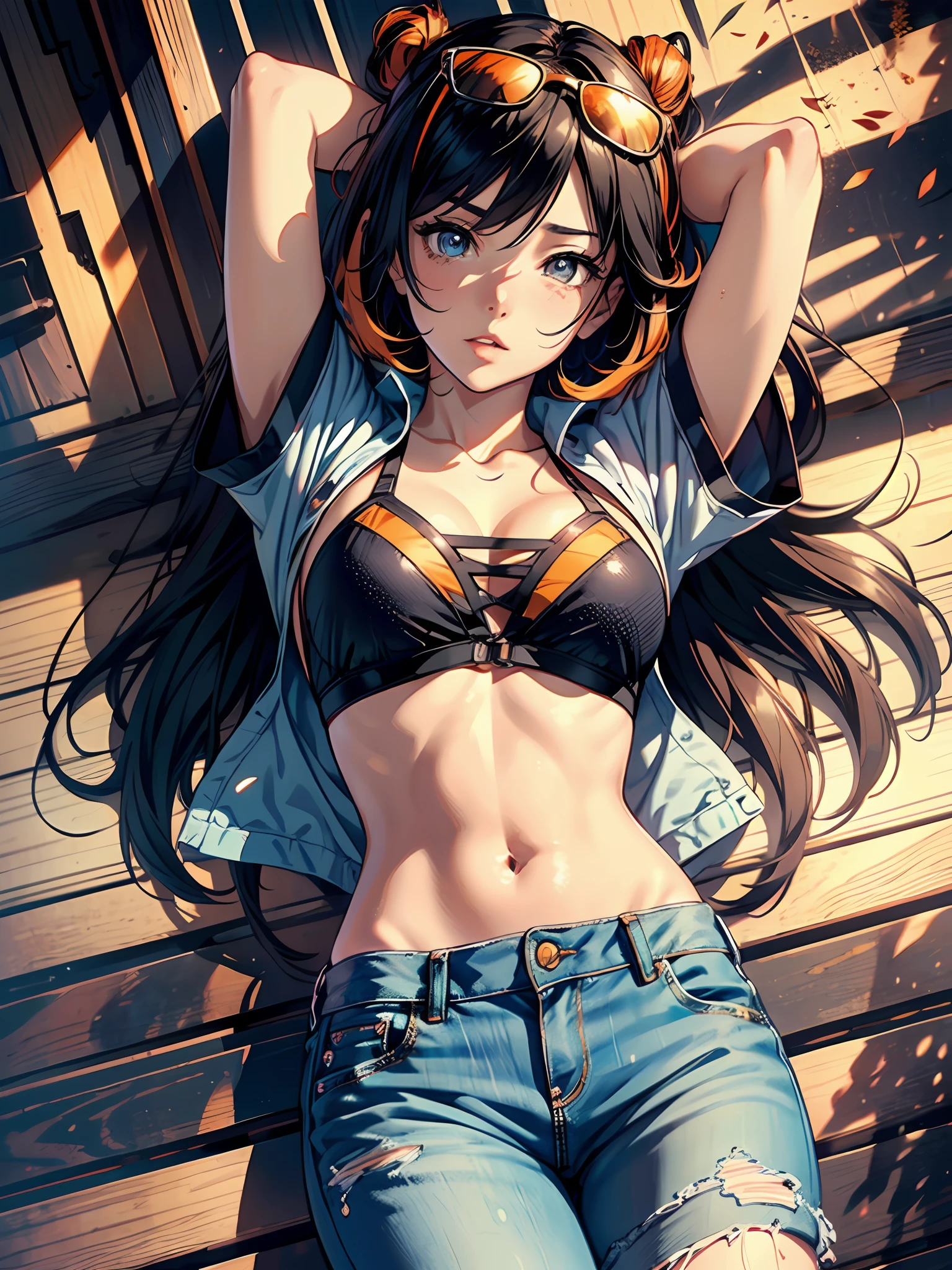 ((Halftone)), (masterpiece), (best quality), (official art, extremely detailed CG unity 8k wallpaper), (highly detailed), ((absurdness)), (best shadow), (detailed background), (delicate eyes, captivating eyes, complex eyes, detailed eyes, perfect eyes), (perfect anatomy), ((Handsome Girl)), ((Upper body)), (light:1.2), (colorful), one side up, (high angle shot), dynamic angle, sharp eyes, long eyelashes, a anime girl Asian tomboy character, 1 girl, solo, (black hair), (orange hair), (multicolored hair), (medium straight hair, chin length), Beach, (sunlight:1.4), orange bikini, sunglasses, (short jeans), navel, (Raise your arms and gather your hair:1.5), scruff, (Popsicle stains), shiny skin, shiny body, bad-girl, mature female, nice hands perfect hands, (Tsurime Eyes),