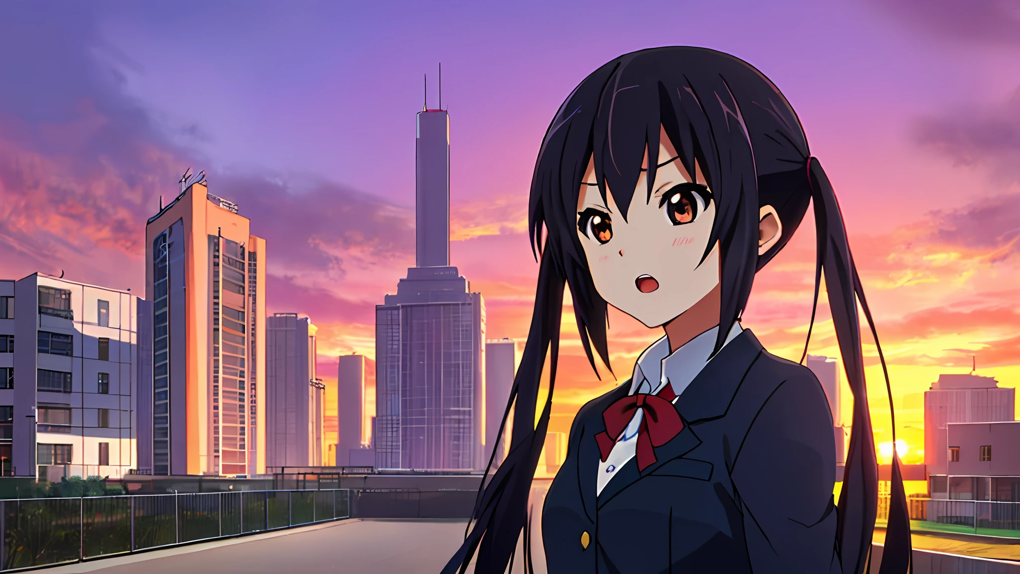1girl, ((((Masterpiece))), Best Quality, Best Quality, High Detail, Azusa Nakano, 1girl, Sakuragaoka High School Uniform, Musical Instrument, School Uniform, Twin Tails, Long Hair, Black Hair, Brown Eyes, Solo, Red, Dark blue blazer with a thin ribbon of red, Solid white button shirt under blazer, Illustration, Cartoon, Soothing tones, Muted colors, Soft cinematic light, Adobe Lightroom, Photo Lab, HDR, complex and highly detailed, (((depth of field))))). (((Masterpiece))). (((highest quality))).) ((super detail))). (((Illustration))). (((Outside))). (((fighting stance))).,((((Giantization))).dynamic focus.small breasts. (((skyscrapers))). (((Cityscape))). (((Despair Face))). open mouth. (((Sunset))). (((Sunset))). (((clench fists))). (((Proud))). (((small breasts))).