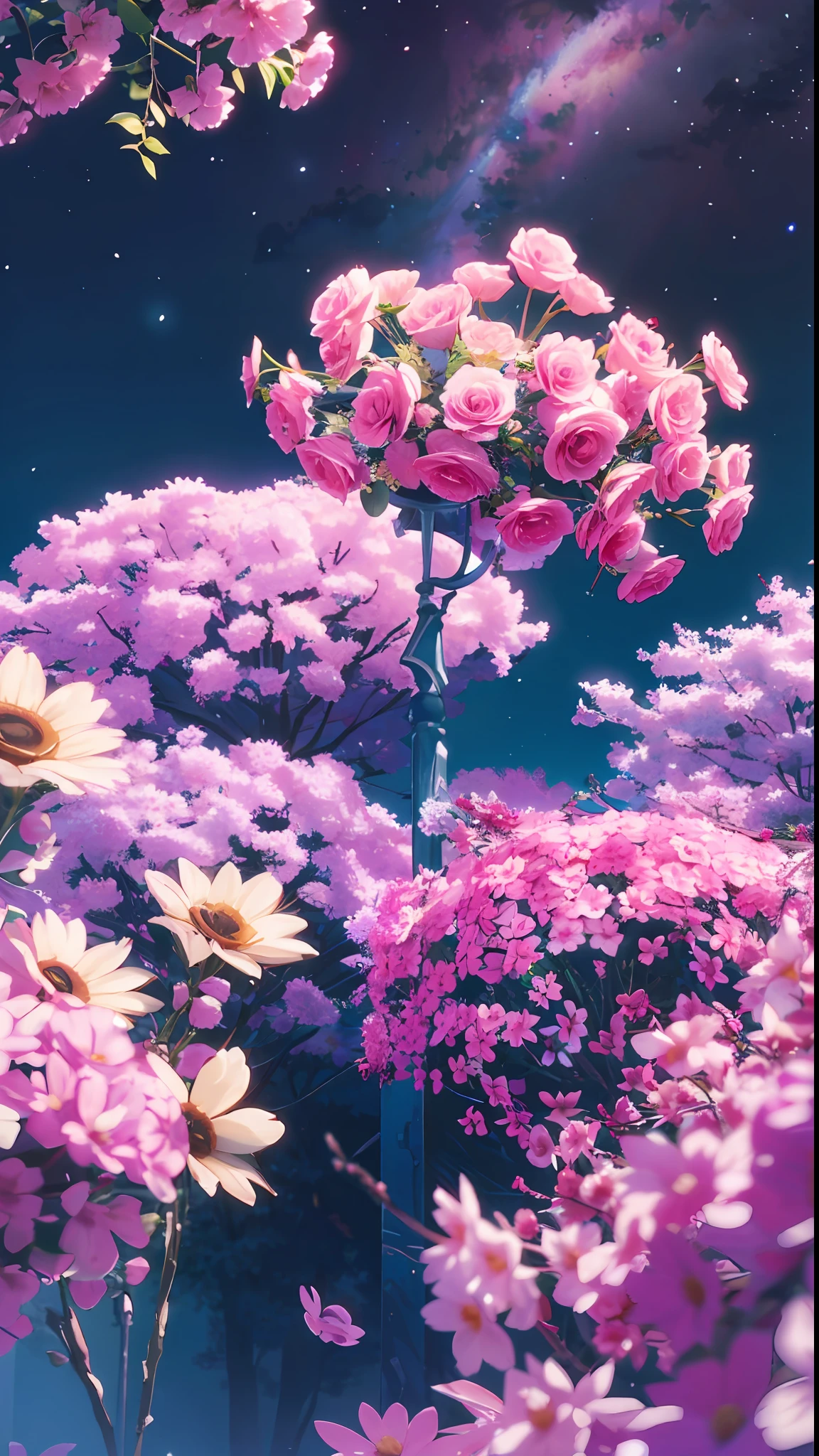 High quality, high detail, brilliant starry sky, flowers of various colors emit dazzling light CG Art 8K --auto --s2