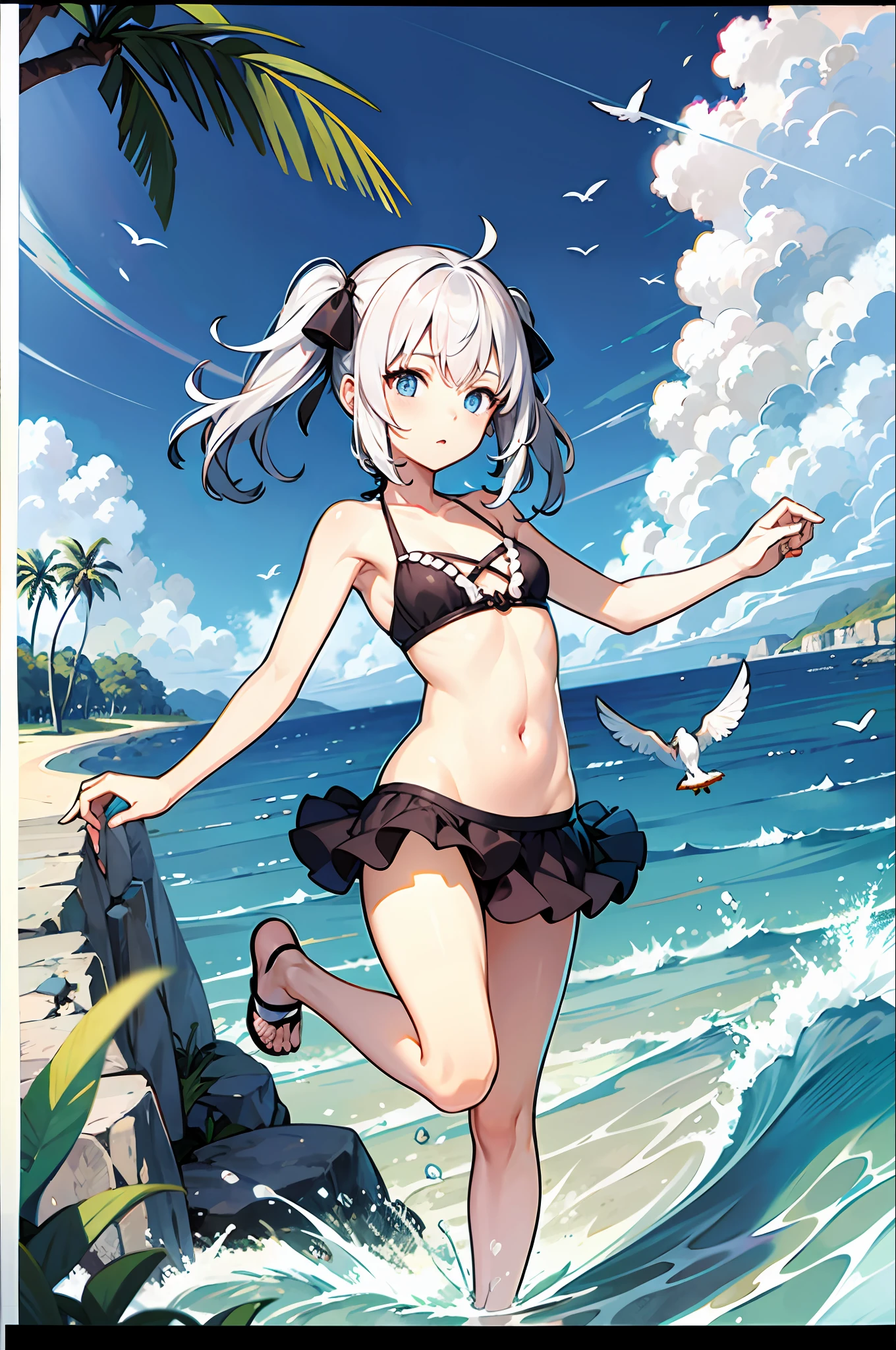 1girl, li, ocean, bikini, urine, seagull, flat chest, white hair, high quality, high resolution, dull hair, blue eyes