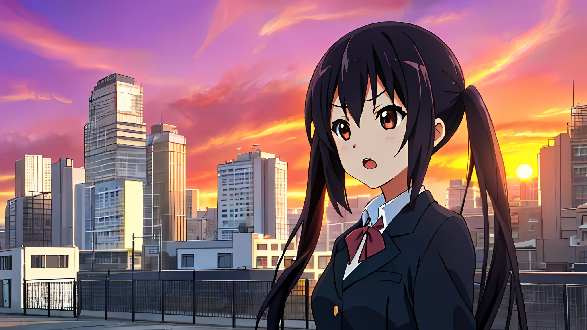 1girl, ((((Masterpiece))), Best Quality, Best Quality, High Detail, Azusa Nakano, 1girl, Sakuragaoka High School Uniform, Musical Instrument, School Uniform, Twin Tails, Long Hair, Black Hair, Brown Eyes, Solo, Red, Dark blue blazer with a thin ribbon of red, Solid white button shirt under blazer, Illustration, Cartoon, Soothing tones, Muted colors, Soft cinematic light, Adobe Lightroom, Photo Lab, HDR, complex and highly detailed, (((depth of field))))). (((Masterpiece))). (((highest quality))).) ((super detail))). (((Illustration))). (((Outside))). (((fighting stance))).,((((Giantization))).dynamic focus.small breasts. (((skyscrapers))). (((Cityscape))). (((Despair Face))). open mouth. (((Sunset))). (((Sunset))). (((clench fists))). (((Proud))). (((small breasts))).