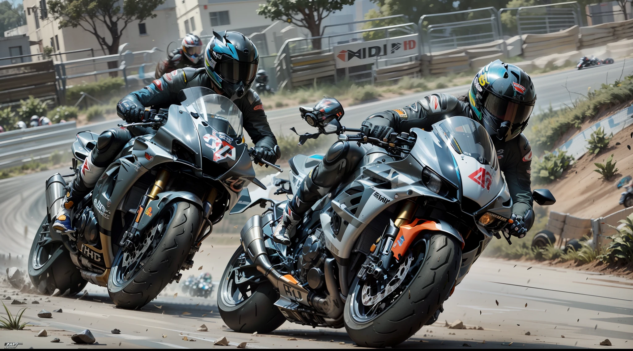 Masterpiece, Ultra HD, (((There are two super cool motorcycles racing))), (((More details))), tense atmosphere,