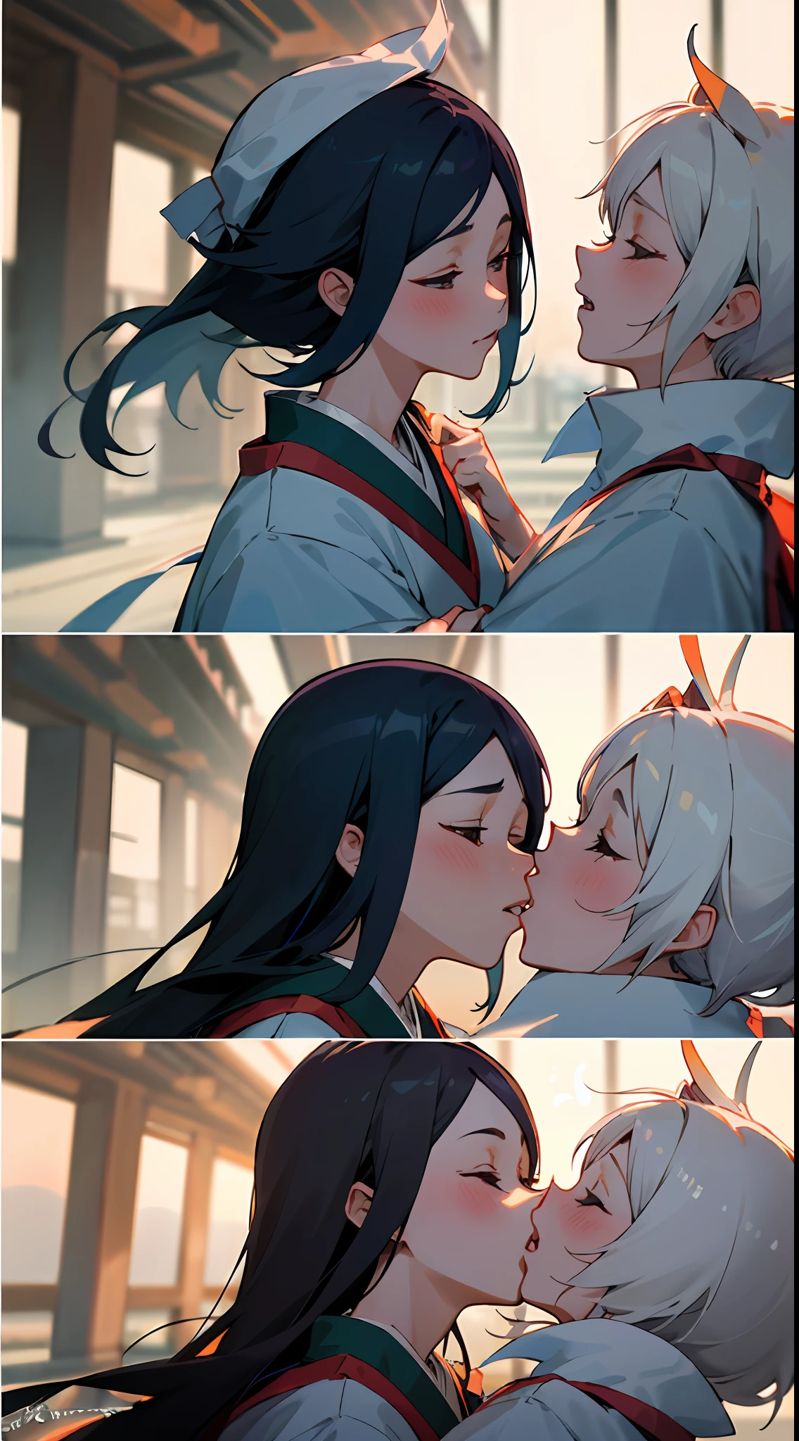 ((masterpiece, best quality)), ((2girls kissing passionately)), Rukia and Inue de Bleach, Japanese city park