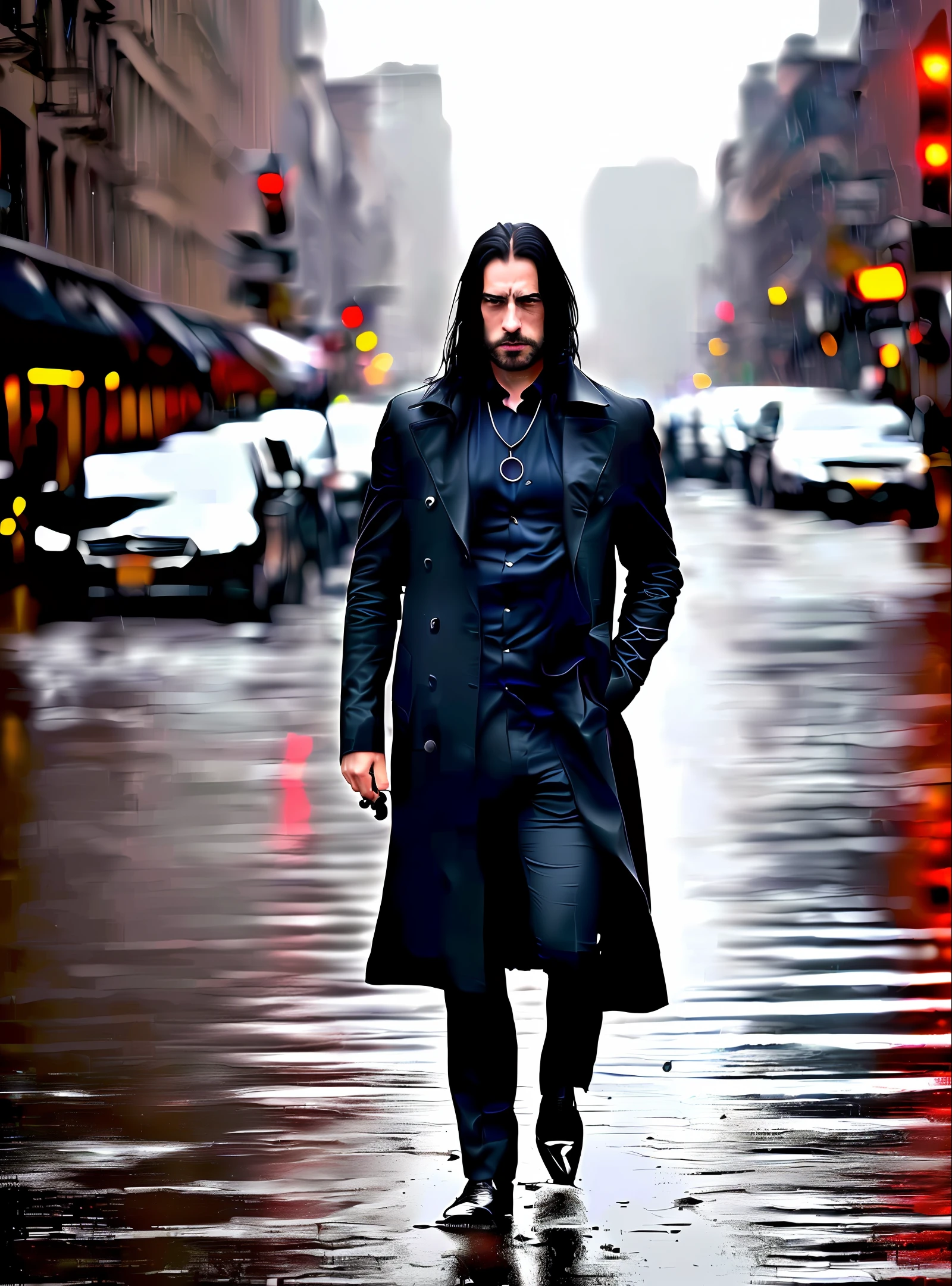 1 vampire, man with long black hair, red blue eyes, 35 years old, black shirt with open buttons evidencing his muscular pectoral, necklace of the Tremere clan, gothic style, long leather coat (masterpiece) holding in his right hand a long-barreled revolver( gun), lens rich colors hyper realistic texture, on a background of a New York City during a rainy night, ((realistic rain)), looking at the camera, full body angle, wearing black boot, ((smooth skin)), busy street, people walking next to you, the same would be wet, walking in the rain, 8k UHD, hyper detailed