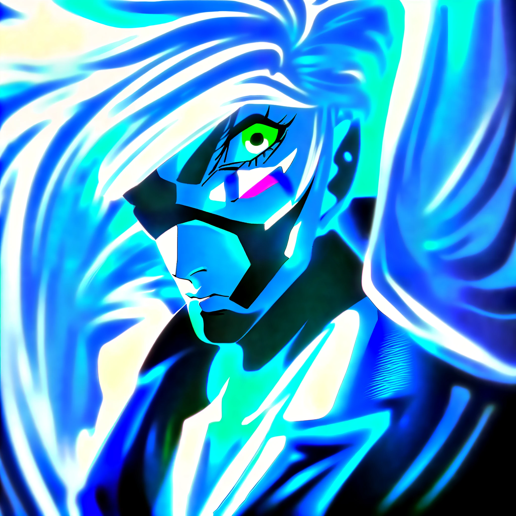 a close up of a person with a white face and green eyes, white facepaint, cyberpunk dyed haircut, futuristic look, rave makeup, white face paint, in a Black suit
