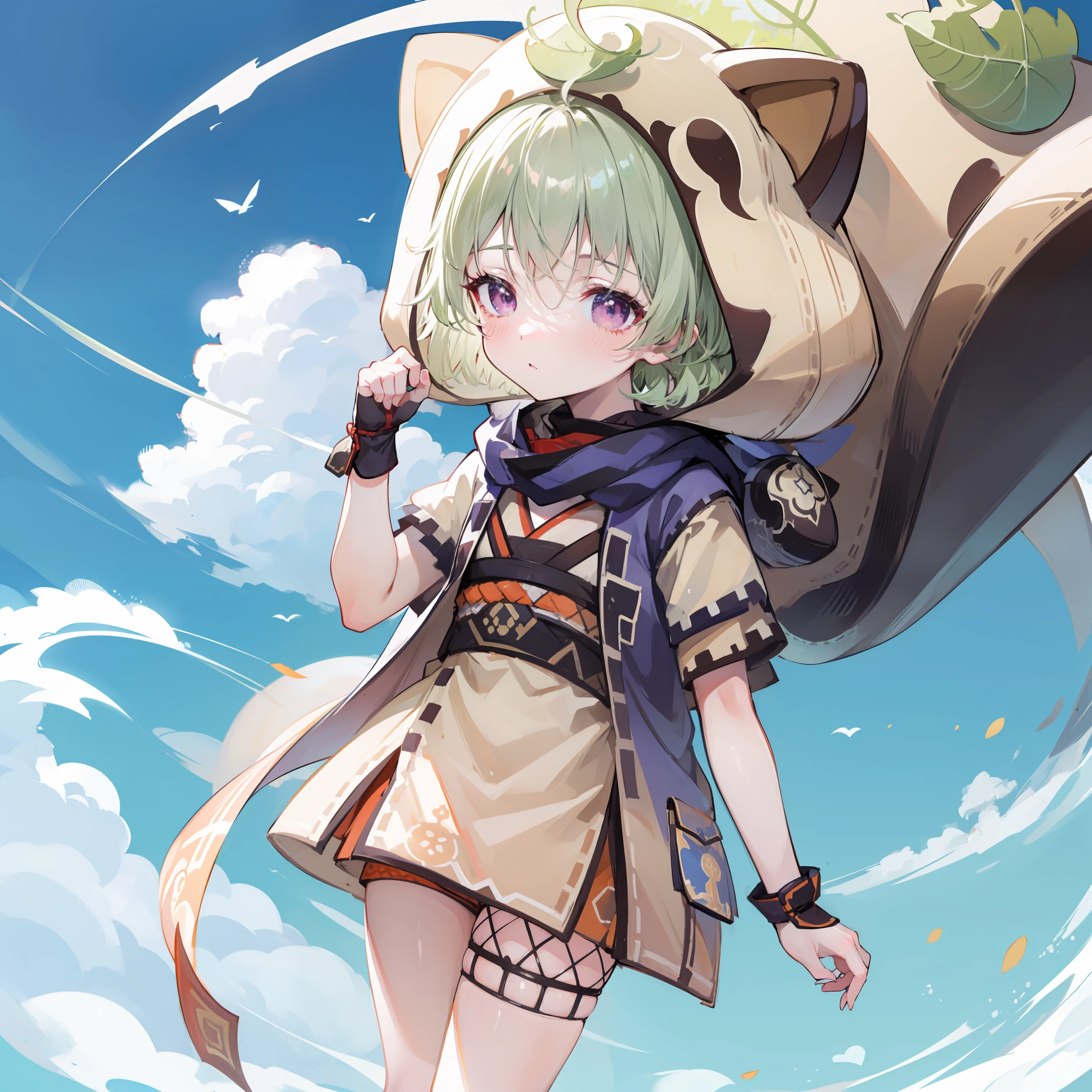 blush, outdoors, daytime, simple background, blue sky, rippled hair, looking at the audience, li, very cute expression, small short legs, avatar, bondage,