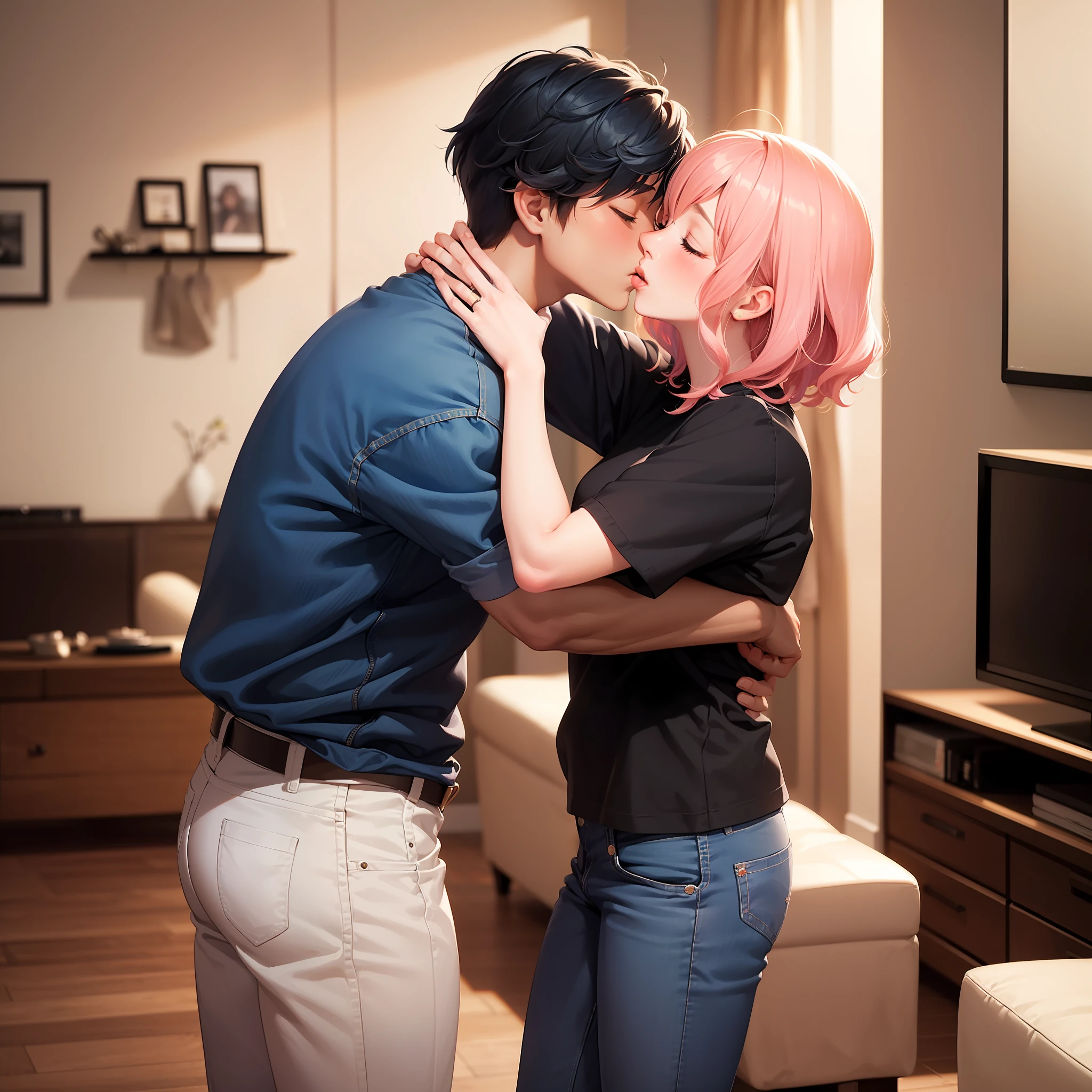 1girl, straight frizzy hair,pink hair,closed eyes,evengonhada,blush on the cheeks ((((1boy))),1boy,short hair,blue hair,black clothes,jeans, living room, standing,kiss,lips touch,masterpiece,high quality