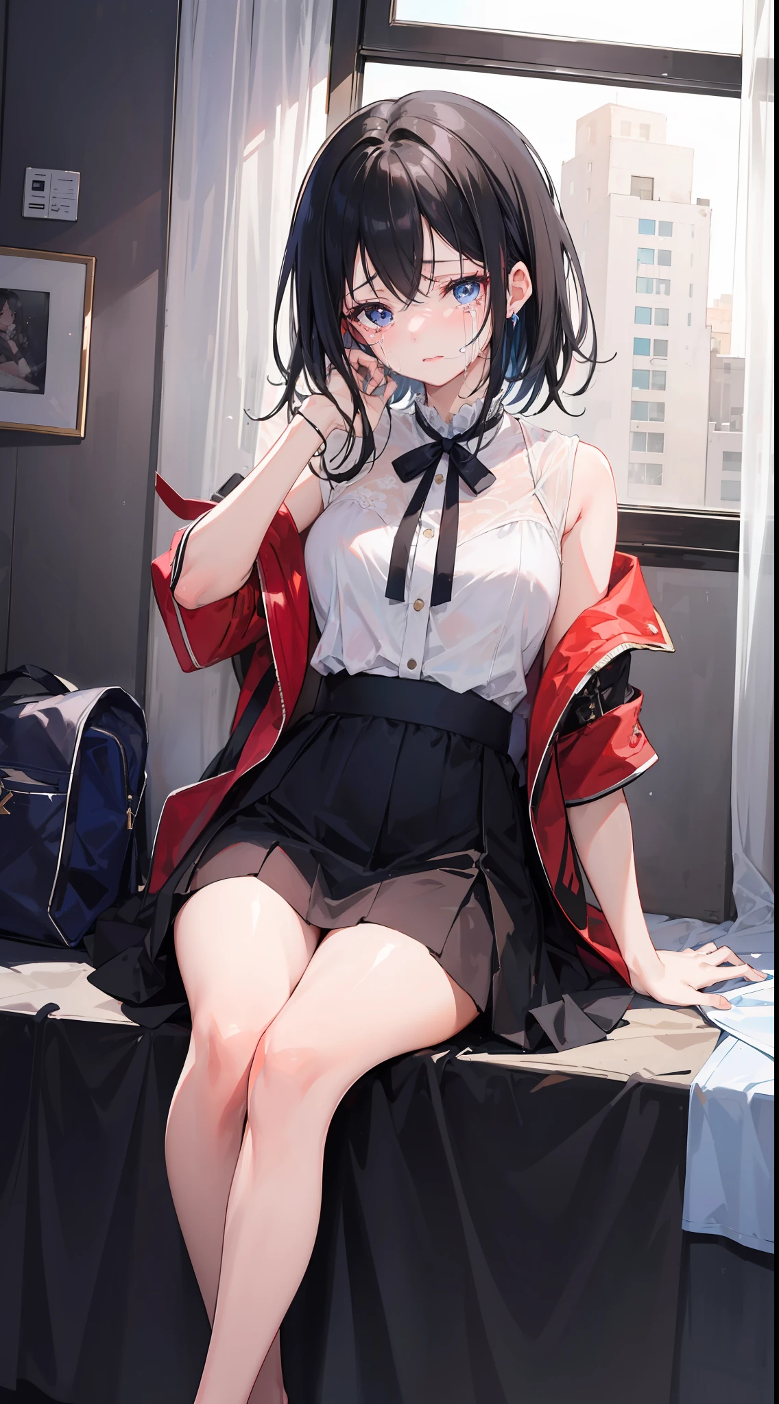 Amidst the chaos, a girl with black hair on the white bottom sitting in the corner and was crying, she was wearing the clothes of a goddess of destruction