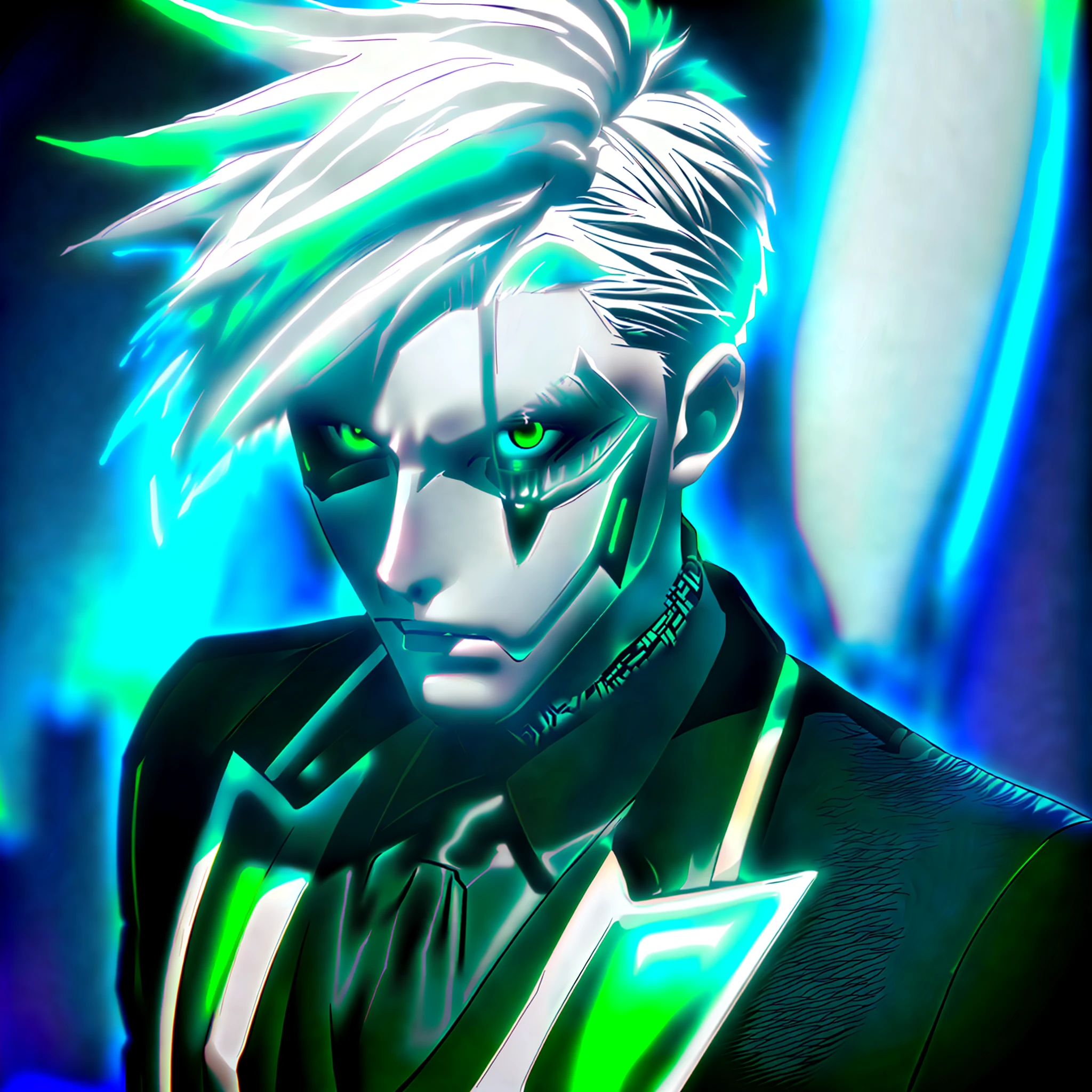 a close up of a person with a white face and green eyes, white facepaint, cyberpunk dyed haircut, futuristic look, rave makeup, white face paint, in a Black suit
