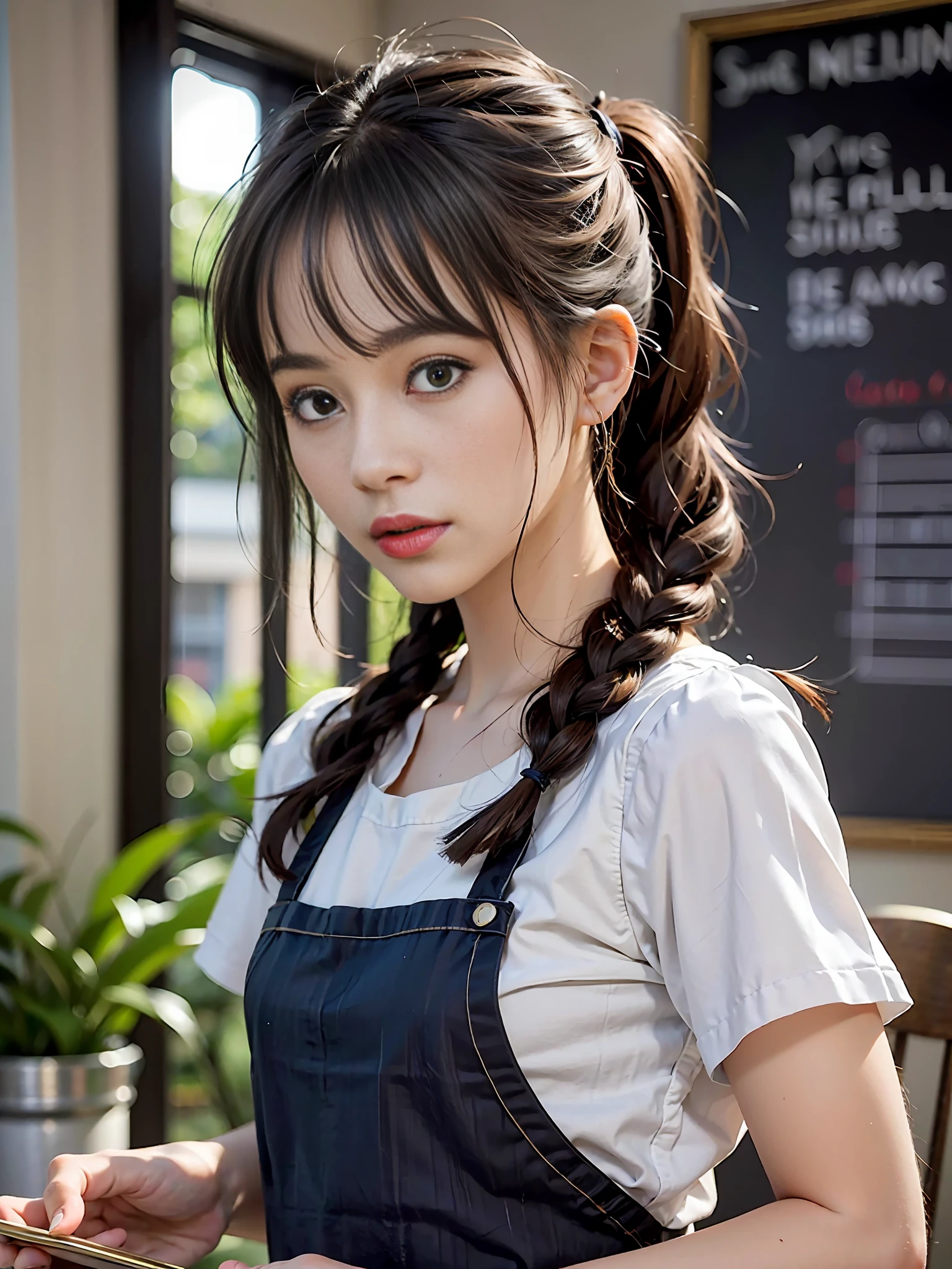 mature barista woman, (masterpiece: 1.3), (8k, photorealistic, RAW photos, best quality: 1.4), (1girl), shallow depth of field, focused face, soft focus, beautiful face, (backlight: 1.5), (surroundings: 1.3), (realistic face), (black hair, medium short: 1.3), loose wavy hair, short bangs, Ponytail, Pigtails, Braids, Realistic eyes, Dark brown eyes, Pupil highlights, Beautiful detail eyes, (plenty of natural light), (Realistic skin), Beautiful skin, (White collar blouse), (Apron), (Carrying tray), Absurd, Attractive, Ultra High Definition, Ultra Realistic, High Definition, Golden Ratio, Detailed Cafe Dining Background, Blackboard Menu, Backlight from the back window, pale skylight with natural light, natural light lighting from diagonally in front of the face, (small head), (small), perfect anatomy