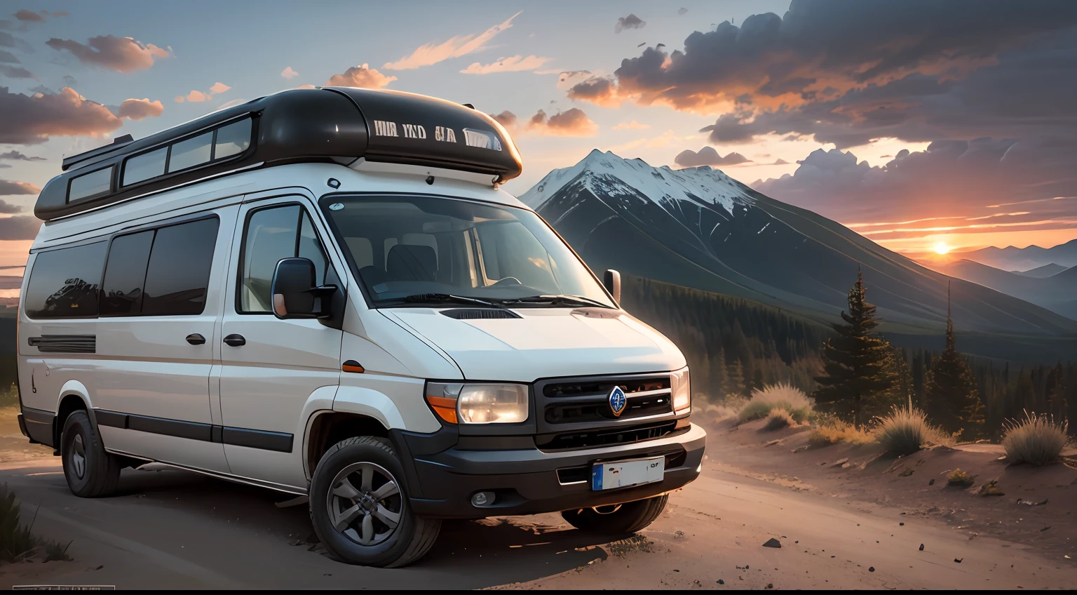 Camper Van Modern view front and diagonal offroad wheels thick dirt road patons, in the middle of the mountain landscape medieval style, sunset warm light --auto --s2