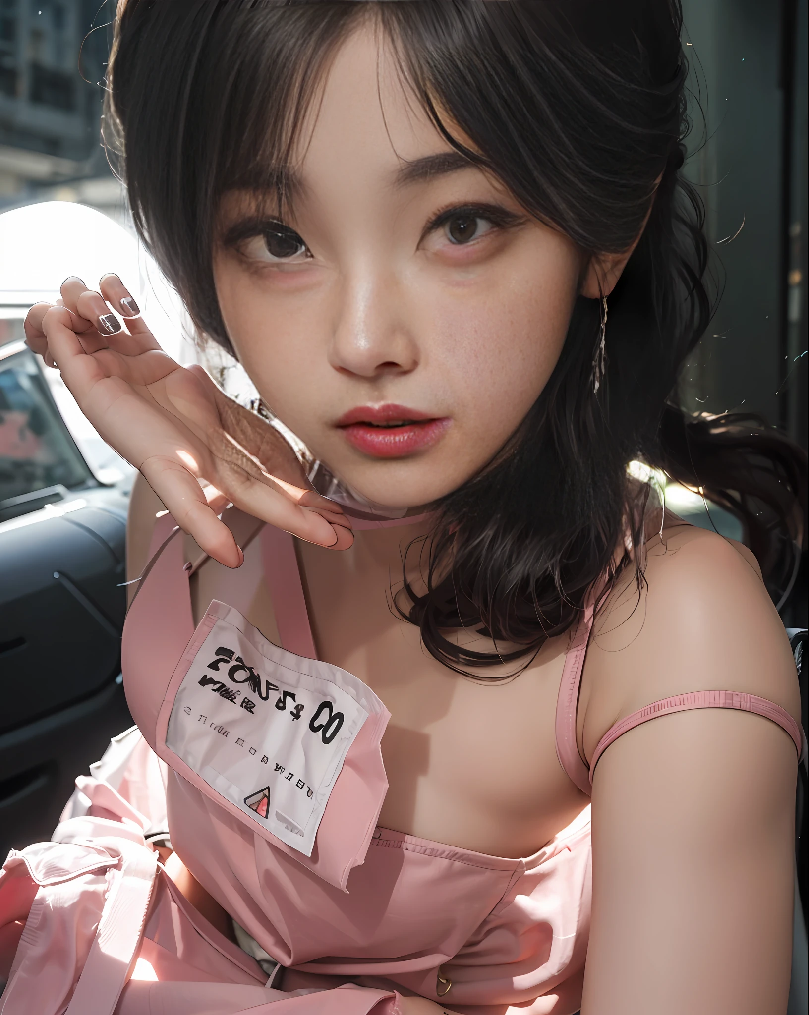 (pink (transparent) open-chest shirt) -yeld fee student, (plump chest), (pink (transparent) open-chest shirt), obvious chest can be seen through the clothes, full of flesh, can show the chest, white miniskirt, panties can be seen, the background is the street, traffic, perfect body, delicate facial features, pink curly hair, transparent suspenders, open legs, feminine and sexy posture, full body portrait, perfect hands