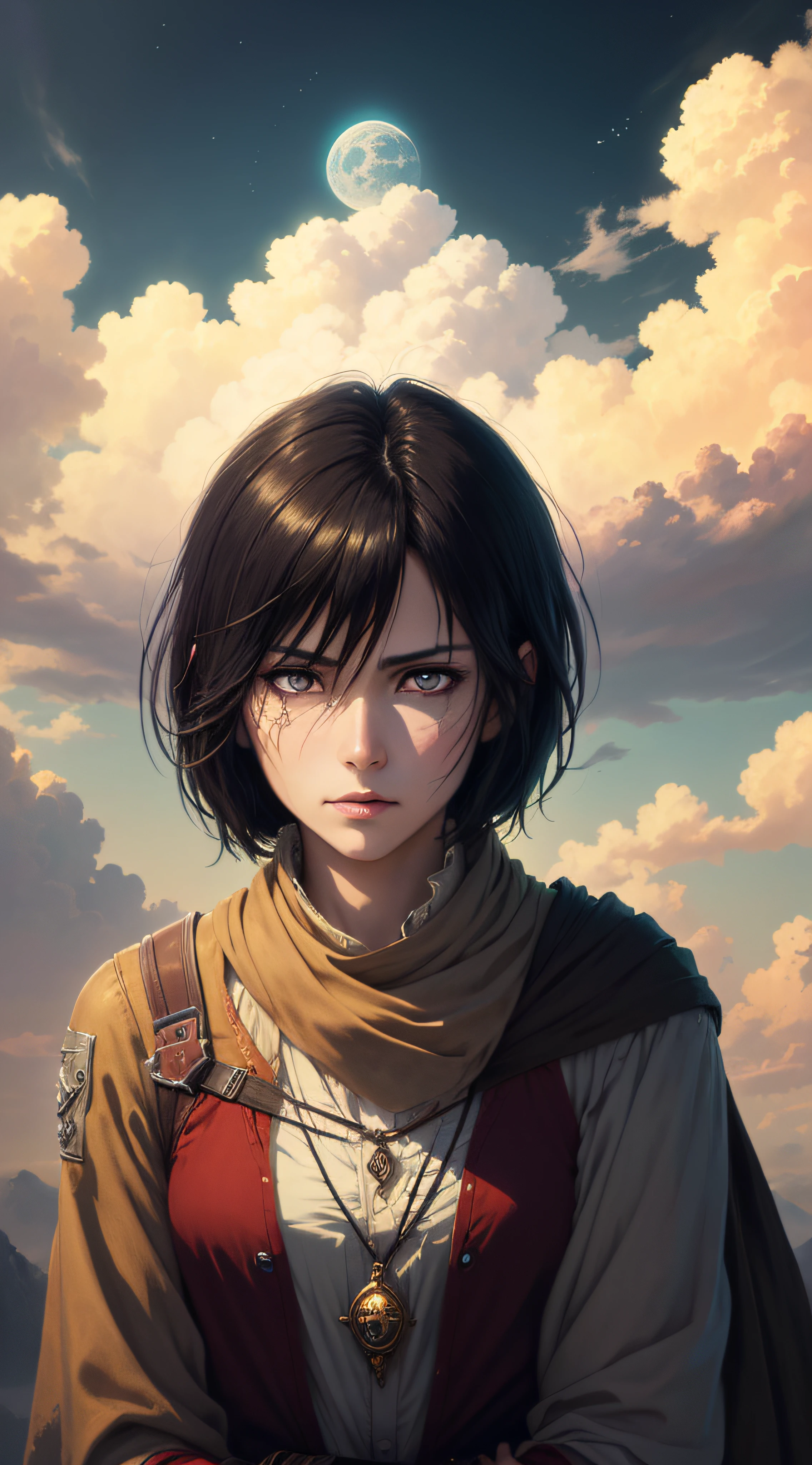 ((best quality)), ((masterpiece)), (detailed), mikasa ackerman, black hair, black eyes, horror beauty, perched on a cloud, (fantasy illustration:1.3), enchanting gaze, captivating pose, delicate scars, otherworldly charm, mystical sky, (Luis Royo:1.2), (Yoshitaka Amano:1.1), moonlit night, soft colors, (detailed cloudscape:1.3), (high-resolution:1.2)