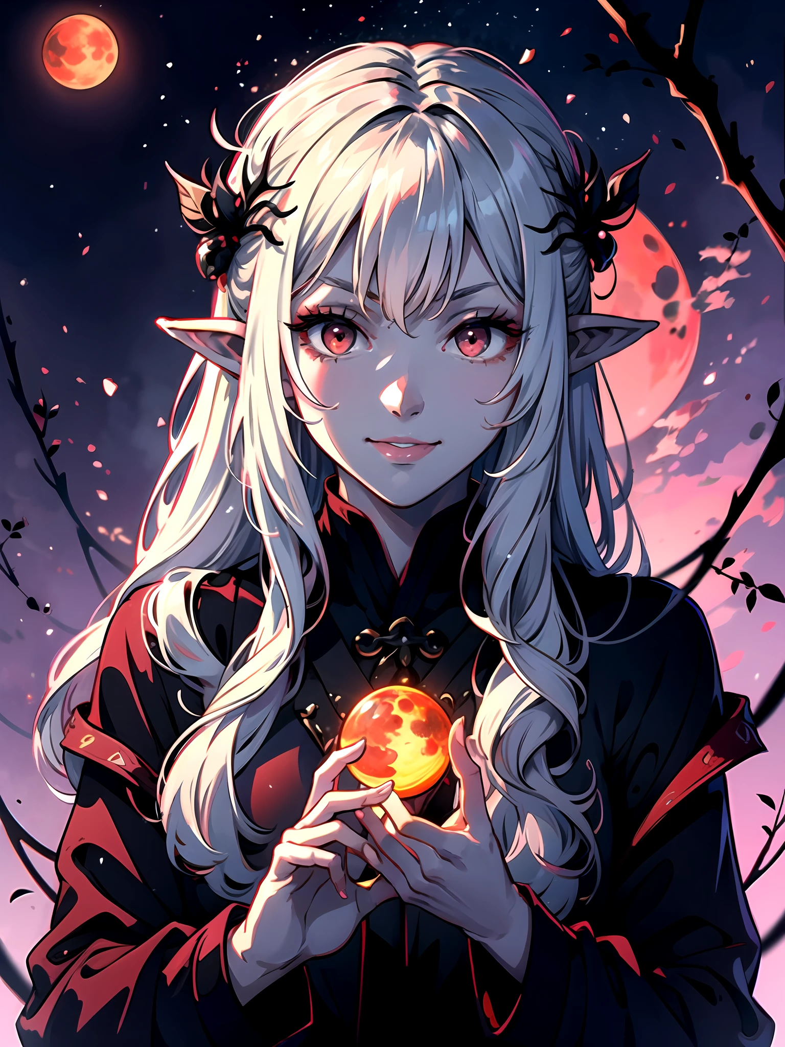 girl in transparent spiders:1.8, smug smile, looking at the viewer, spiderwebs:1.2, blackskin, chinese dress, hanfu, dark skin, white hair, red eyes, pointy ears, drow, dark elf, fluorescent:1.2, 8k, intricately detailed:1.6, volumetric lighting, god rays, vivid colours, surreal:1.2, starrystarscloudcolorful, red moon