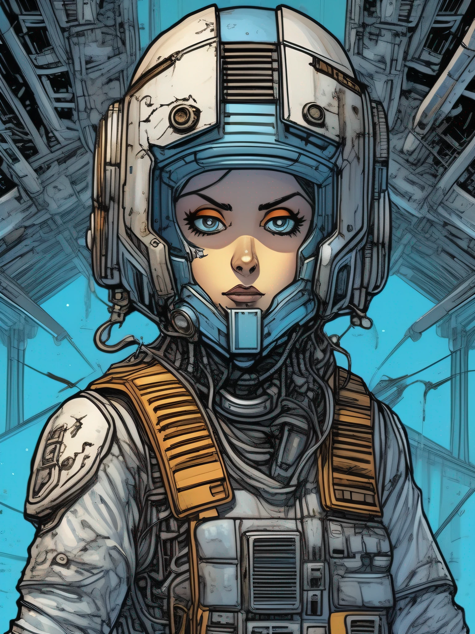 a robot x-wing pilot with many eyes on an industrial structure, in the style of detailed comic book art, azure