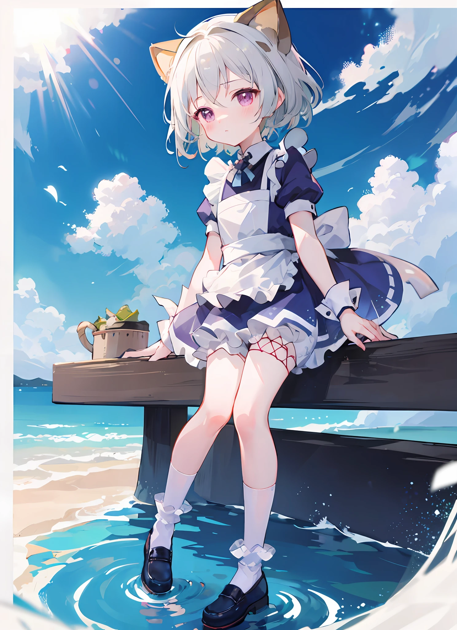 blush, outdoors, daytime, simple background, blue sky, rippled hair, sky, looking at the audience, loli, very cute expression, small short legs, avatar, maid outfit, white over-the-leg socks,