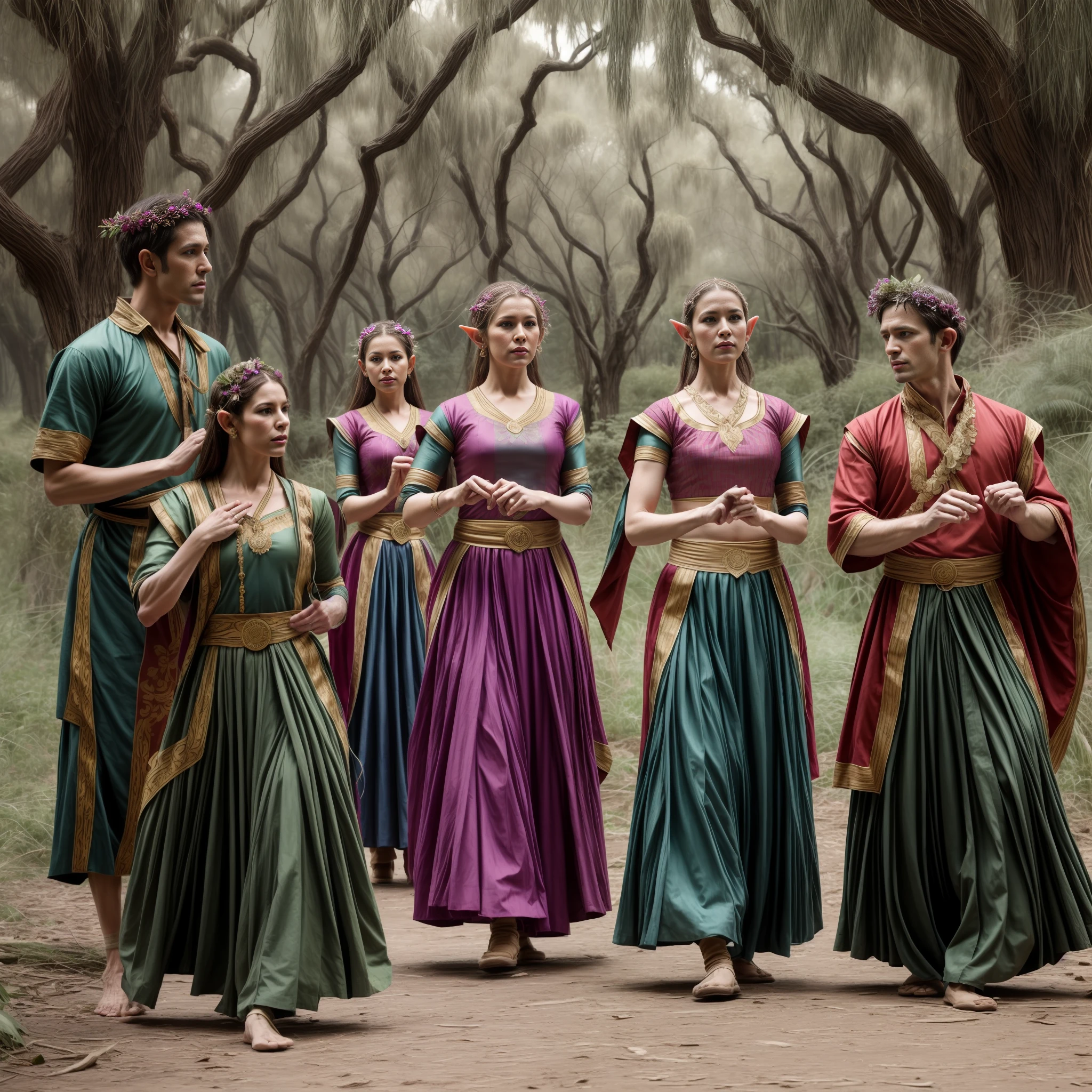 **Elven men and women in costume perform a traditional dance, in the style of mythic storytelling, yigal ozeri, frederick mccubbin, dark green and magenta, karen wallis, kushan empire, craftcore