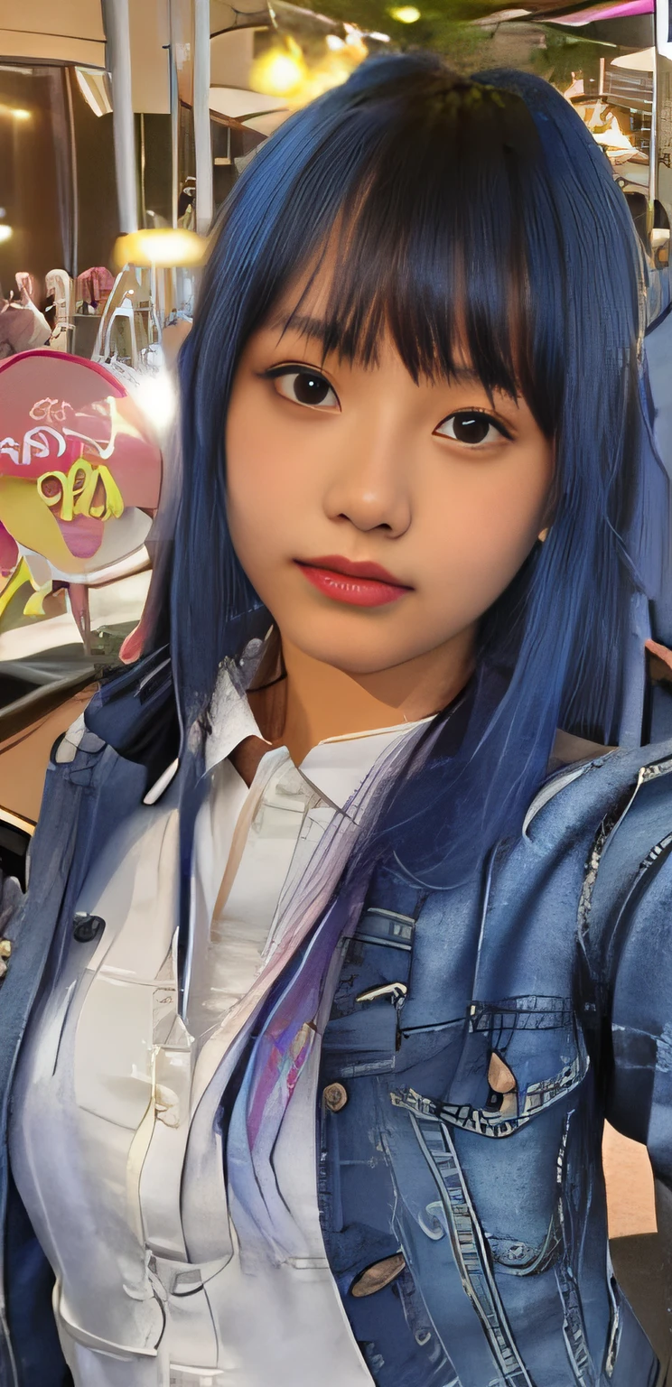 arafed woman with blue hair and a denim jacket posing for a picture, ulzzang, sakimichan, with blue hair, shikamimi, chiho, headshot profile picture, jinyoung shin, korean girl, xintong chen, kanliu666, with blue skin, wan adorable korean face, blue-white hair, sun yunjoo