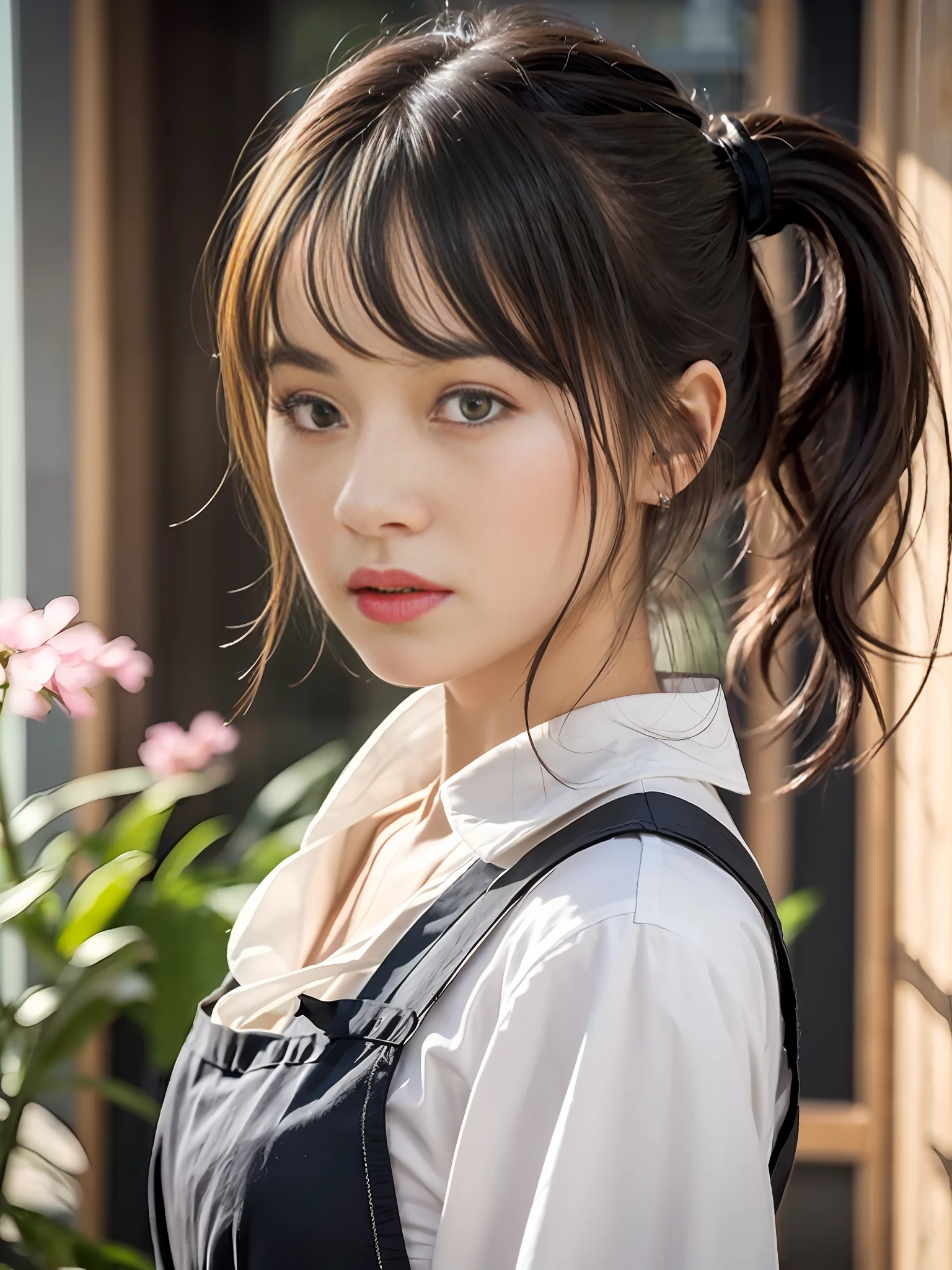 mature barista woman, (masterpiece: 1.3), (8k, photorealistic, RAW photos, best quality: 1.4), (1girl), shallow depth of field, focused face, soft focus, beautiful face, (backlight: 1.5), (surroundings: 1.3), (realistic face), (black hair, medium short: 1.3), loose wavy hair, short bangs, Ponytail, Pigtails, Braids, Realistic eyes, Dark brown eyes, Pupil highlights, Beautiful detail eyes, (plenty of natural light), (Realistic skin), Beautiful skin, (White collar blouse), (Apron), (Carrying tray), Absurd, Attractive, Ultra High Definition, Ultra Realistic, High Definition, Golden Ratio, Detailed Cafe Dining Background, Blackboard Menu, Backlight from the back window, pale skylight with natural light, natural light lighting from diagonally in front of the face, (small head), (small), perfect anatomy