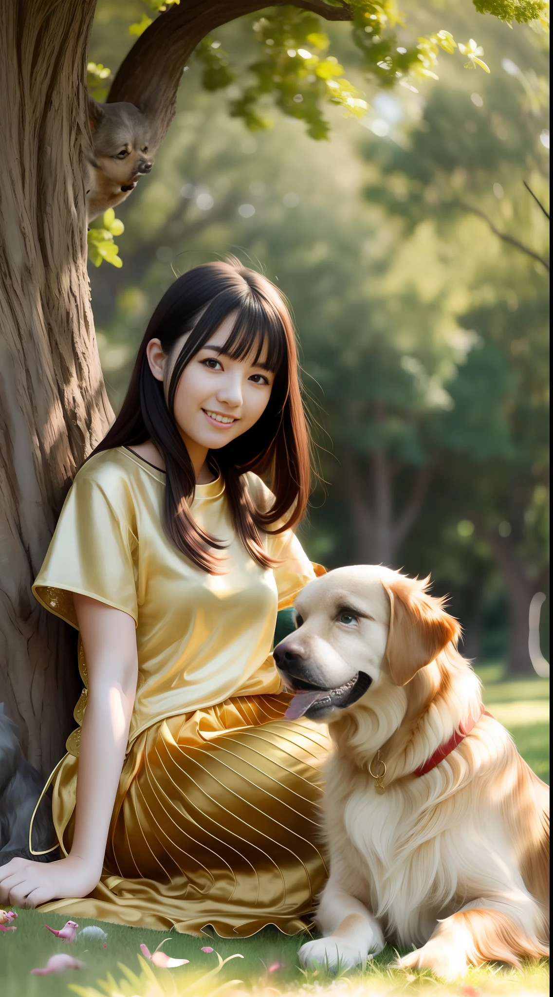 Girl and dog, girl in textured gauze skirt, long hair youthful, golden retriever sitting on lawn, big tree in the distance, happy, smiling, high resolution