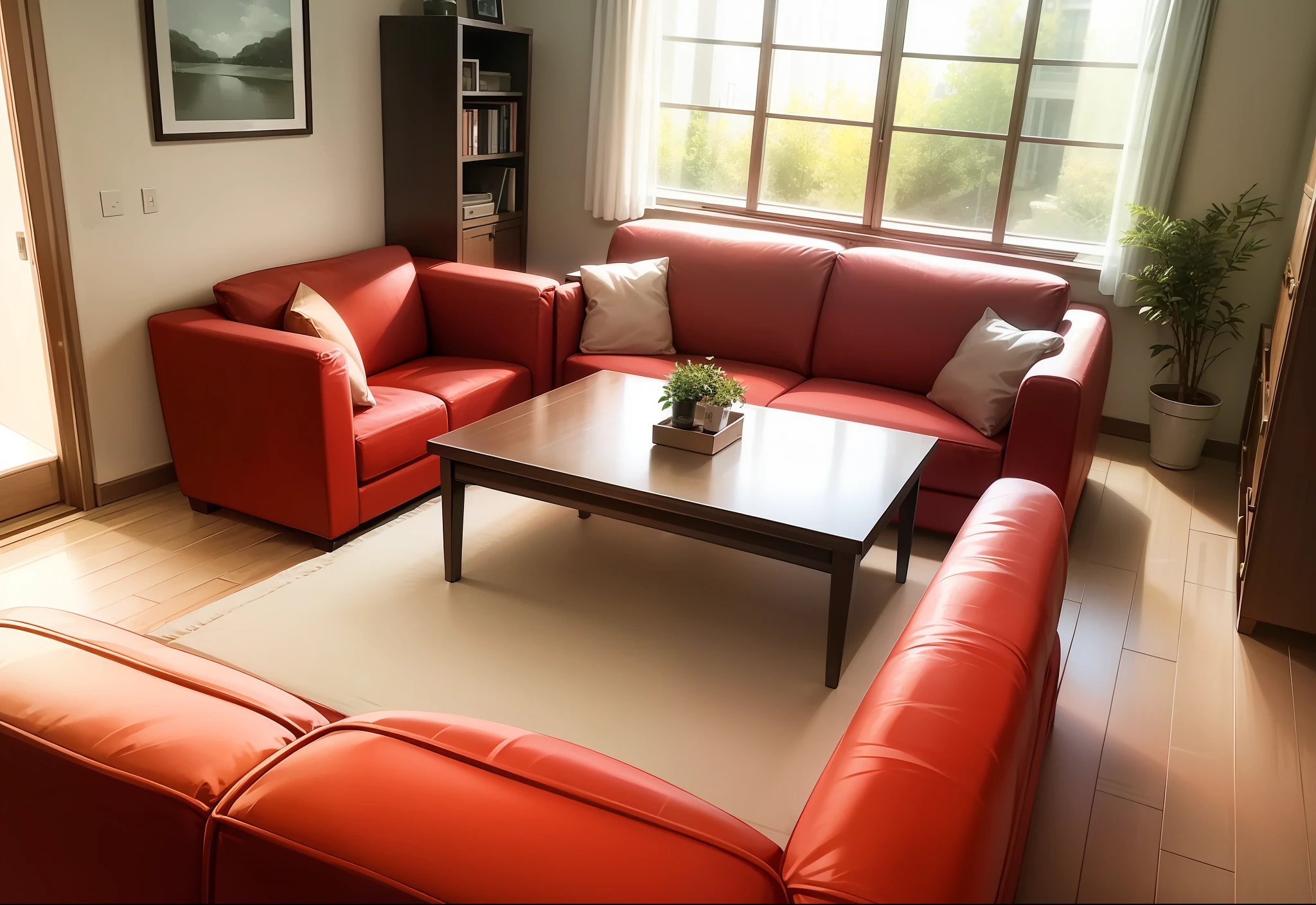 Aerial view of the inside of a house, in the image it is possible to see the living room and a red sofa