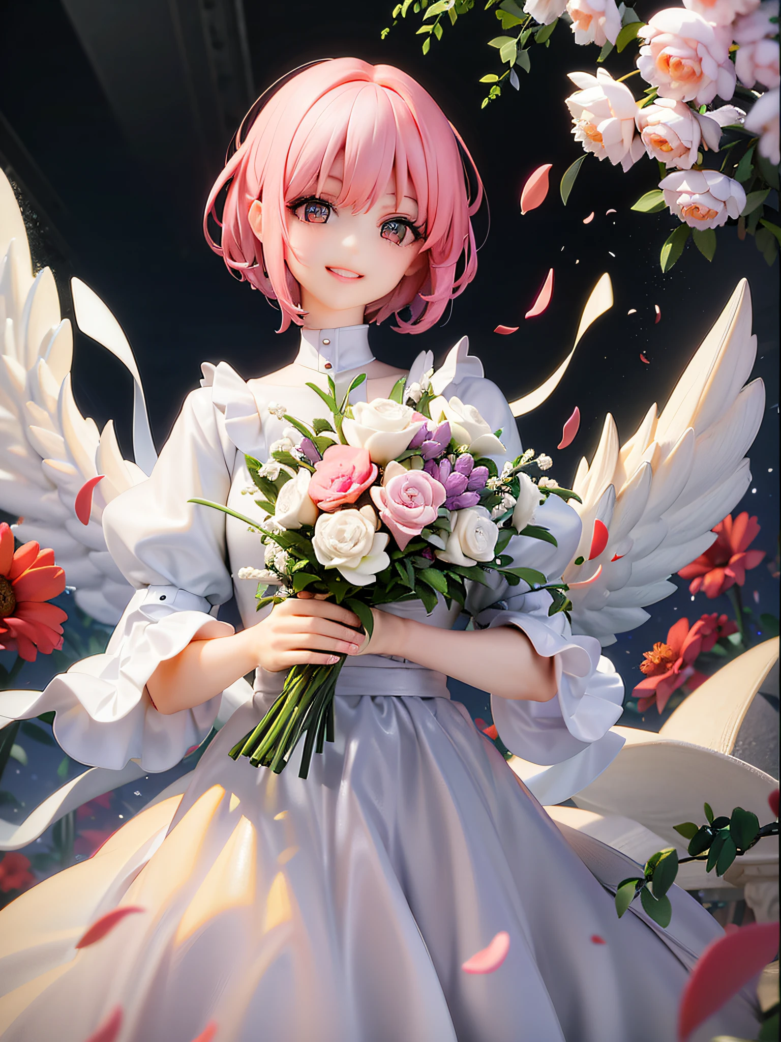 girl, front, pink hair, short cut, brown eyes, beautiful eyes, smile, beautiful white dress, angel wings growing from the position of waist, white wings, white skin, holding a bouquet of white and pink flowers in both hands, white flower background, red rose background,