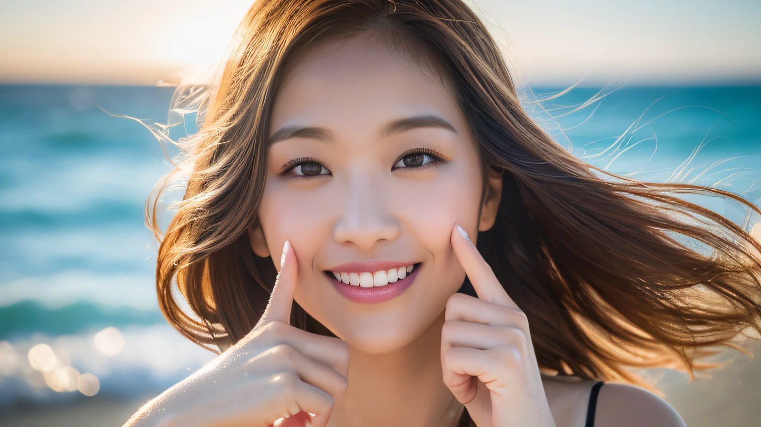 (skin blemish:1.2), (skindentation), black eye, 1woman, 25yo, (((woman))), solo, realistic, best quality, photorealistic, masterpiece, 8k, high res, solo, extremely detailed face, (professional lighting, bokeh), (light particles, lens flare, glowing particles:0.6), (dynamic pose:1.2), soft lighting, top angle view, fashionable and trendy atmosphere, hongkong, street, city, harbour, ((daytime)), sky, ((looking at the viewer:1)), (looking at the camera),(portrait:0.6), cowboy shot, gorgeous, standing, keep original facial proportion, wide shoulder, full body, (small breast), (short hair), brown hair, floating hair, lips, lipstick, seductive smile, floating hair, smile, open_mouth, teeth, (sleeves less white blouse), (jumper skirt), eyelashes, mole, (mole under eye:1), --auto