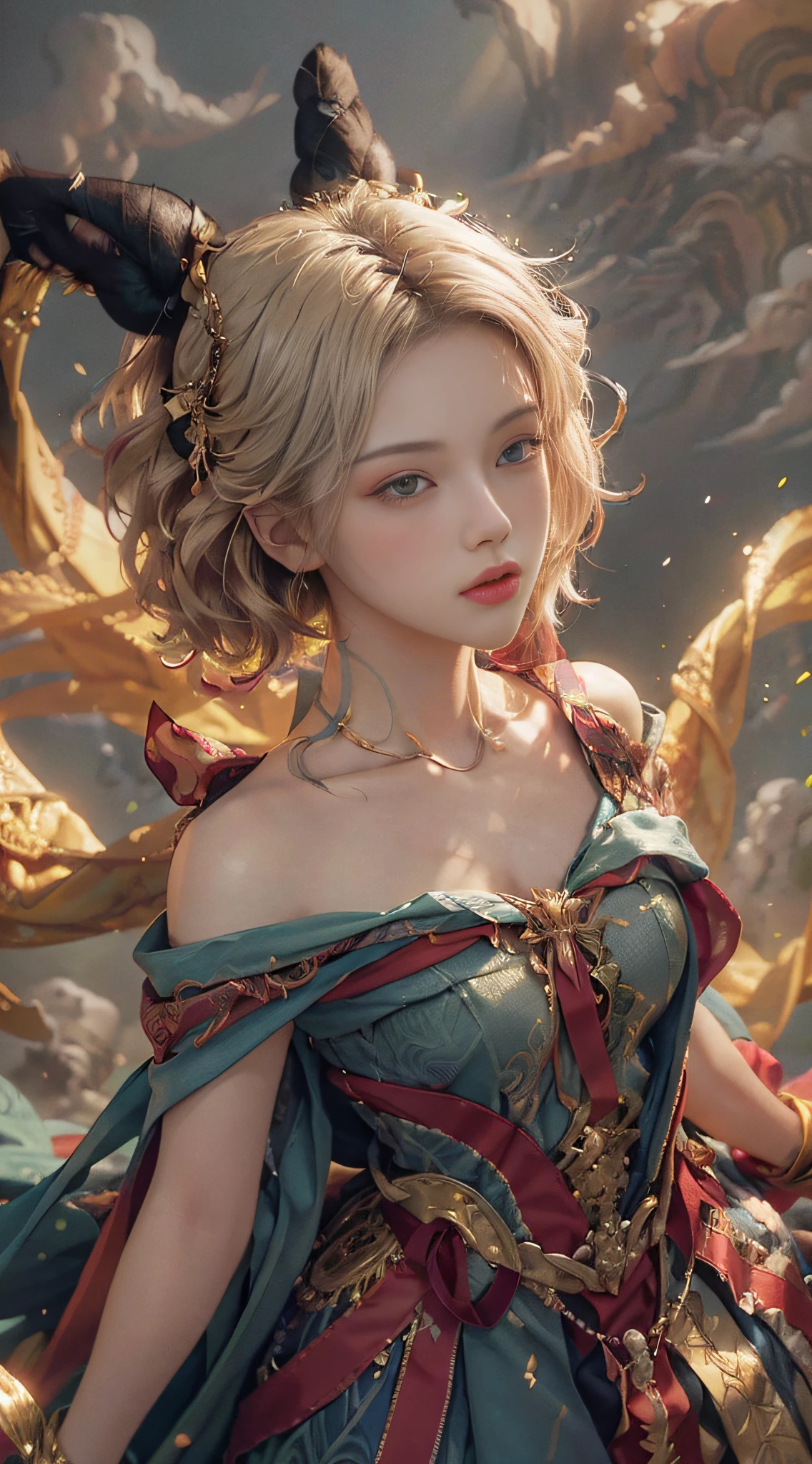 (((White Cloud Background))), (((High Saturation))), ((Surrounded by Color Splashes))) (RAW Photo, Best Quality), (Realistic, Photo Realistic: 1.3), Best Quality, Highly Detailed, Masterpiece, Ultra Detail, Illustration, (1girl: 1.3), (8K, Original Photo, Best Quality, Masterplece), (Photon Mapping, Radiometry, Physically Based Rendering, Auto White Balance), Ultra Detail, Beautiful and Aesthetic, Beautiful, Masterpiece, Best Quality, (color: 1.1), most detailed, absurd, high resolution, super detailed, 1girl, solo, extremely detailed eyes, ultra-precise depiction, ultra-detailed depiction, (zentangle:1.2), (dynamic pose), (abstract background: 1.5), (triple dress: 1.2), short platinum blonde hair, (shiny skin), multiple colors, upper body, (from above)