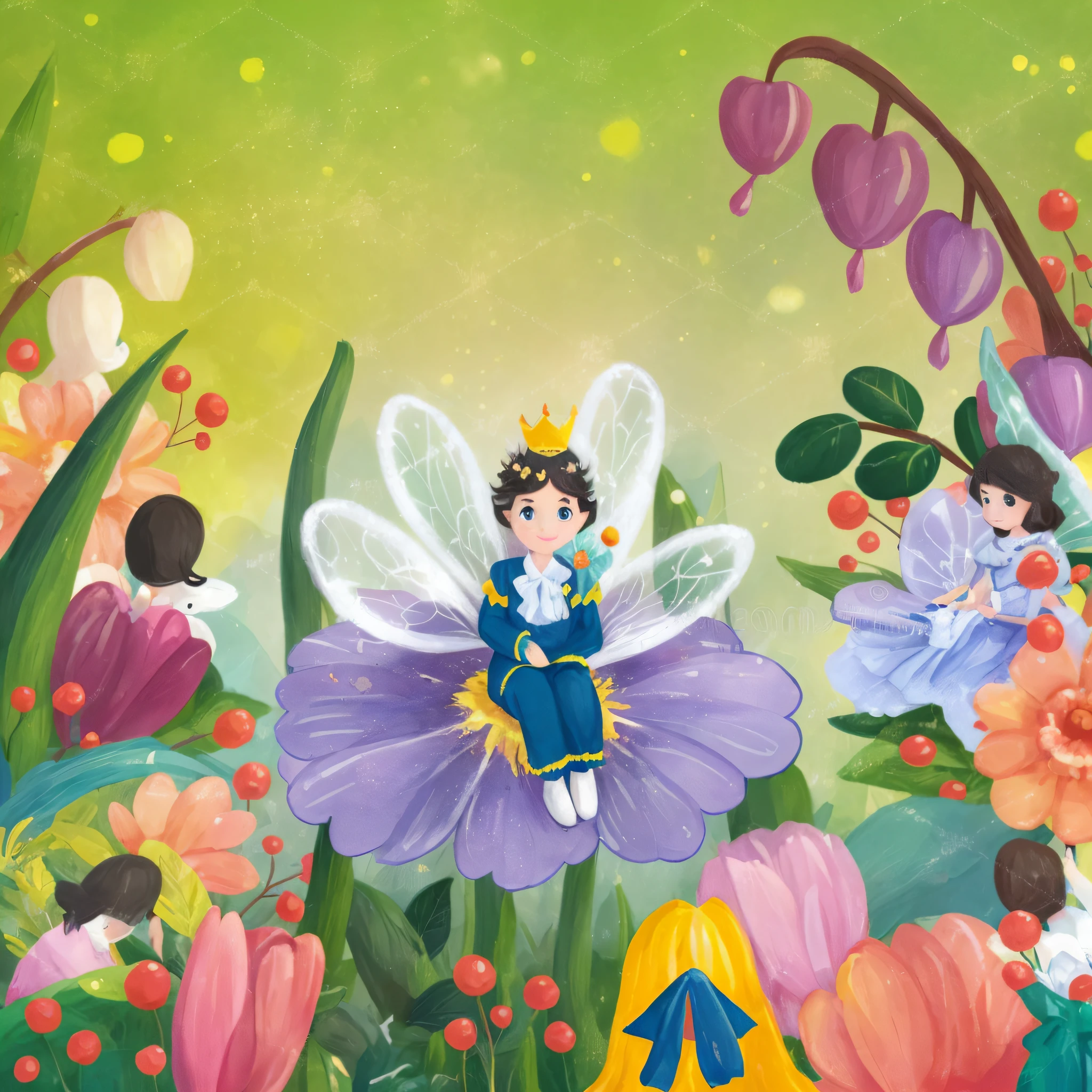 there is a cartoon fairy， sitting on a flower with a number 1, Coronation of the Flower Prince, the flower prince, colorful kids book illustration, storybook illustration, childrens book illustration, fairy，-tale illustration style, childrens book illustration, childrens book illustration, fairy kingdom forest, childrens book illustration, fairytale illustration, children，'s book illustration, childrens book illustration