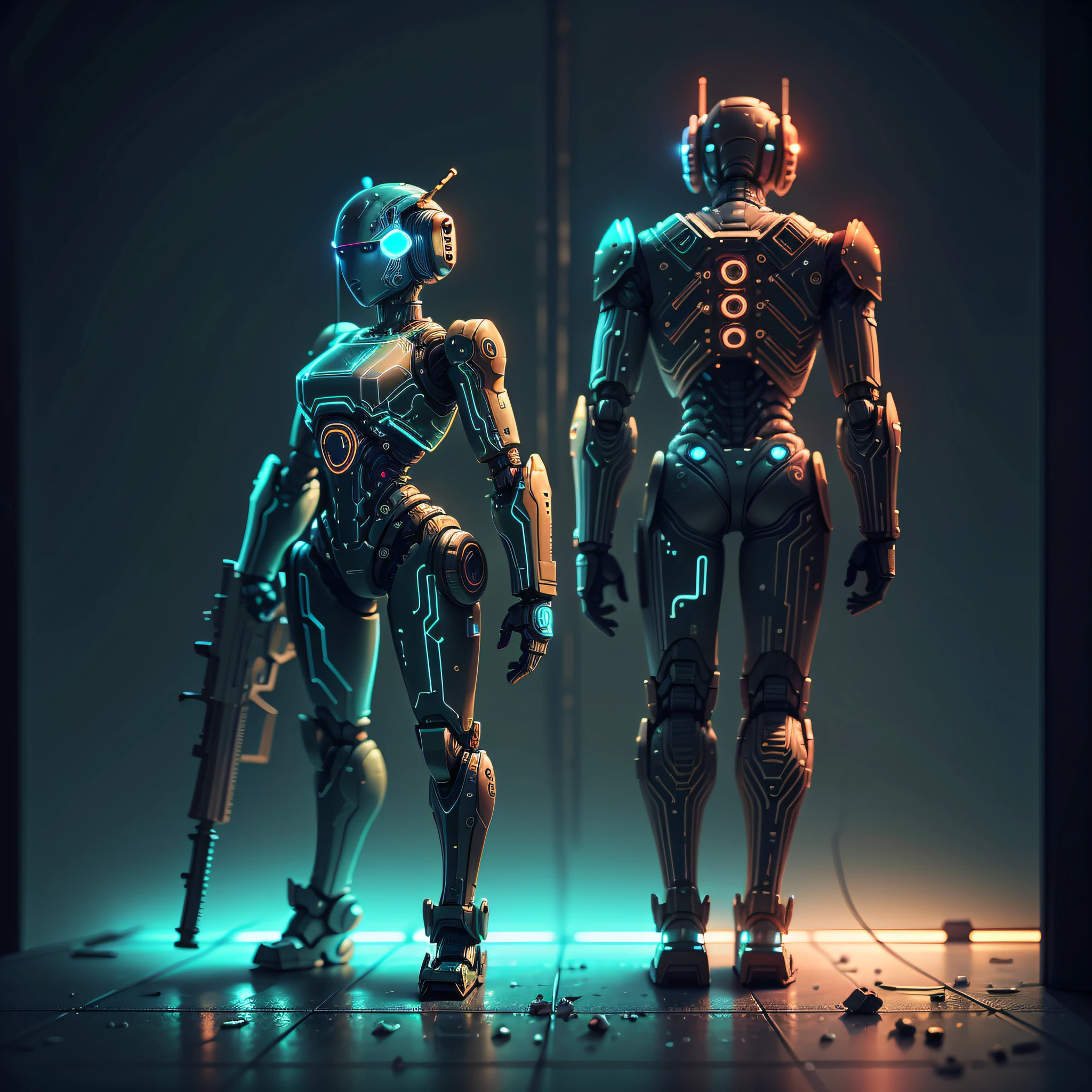 android robot, made of glass materials, (glass), with neon lights in the background, reflecting on the AK47, has parts of different colors, with water rocio, with all its horillo has neon around the ak, subtly, 8k, made in Render --auto