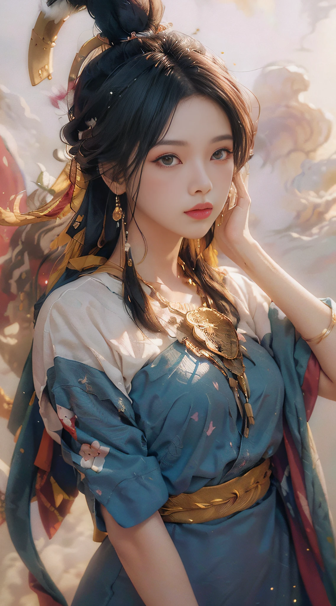(((White Cloud Background))), (((High Saturation))), ((Surrounded by Color Splashes))) (RAW Photo, Best Quality), (Realistic, Photo Realistic: 1.3), Best Quality, Highly Detailed, Masterpiece, Ultra Detail, Illustration, (1girl: 1.3), (8K, Original Photo, Best Quality, Masterplece), (Photon Mapping, Radiometry, Physically Based Rendering, Auto White Balance), Ultra Detail, Beautiful and Aesthetic, Beautiful, Masterpiece, Best Quality,(color: 1.1), most detailed, (zentangle: 1.2), (dynamic pose), (abstract background: 1.5), (Japanese dress: 1.2), (shiny skin), (multiple colors: 1.4), (earrings: 1.4),